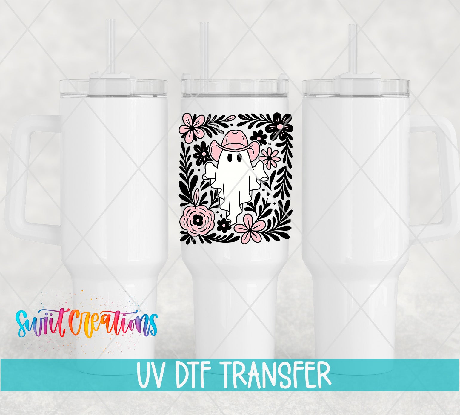 three white tumblers with a floral design and a ghost character on them, along with text indicating a UV DFT Transfer product.