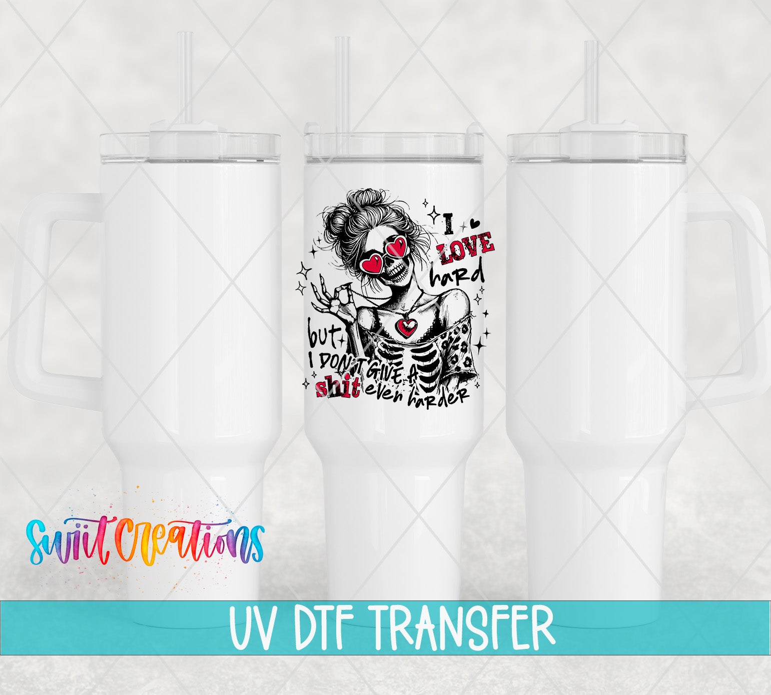 a white ceramic mug with a black and red graphic design on it, along with a straw. The mug is placed against a white background, and there is text at the bottom of the image that reads "UV Dtf Transfer".