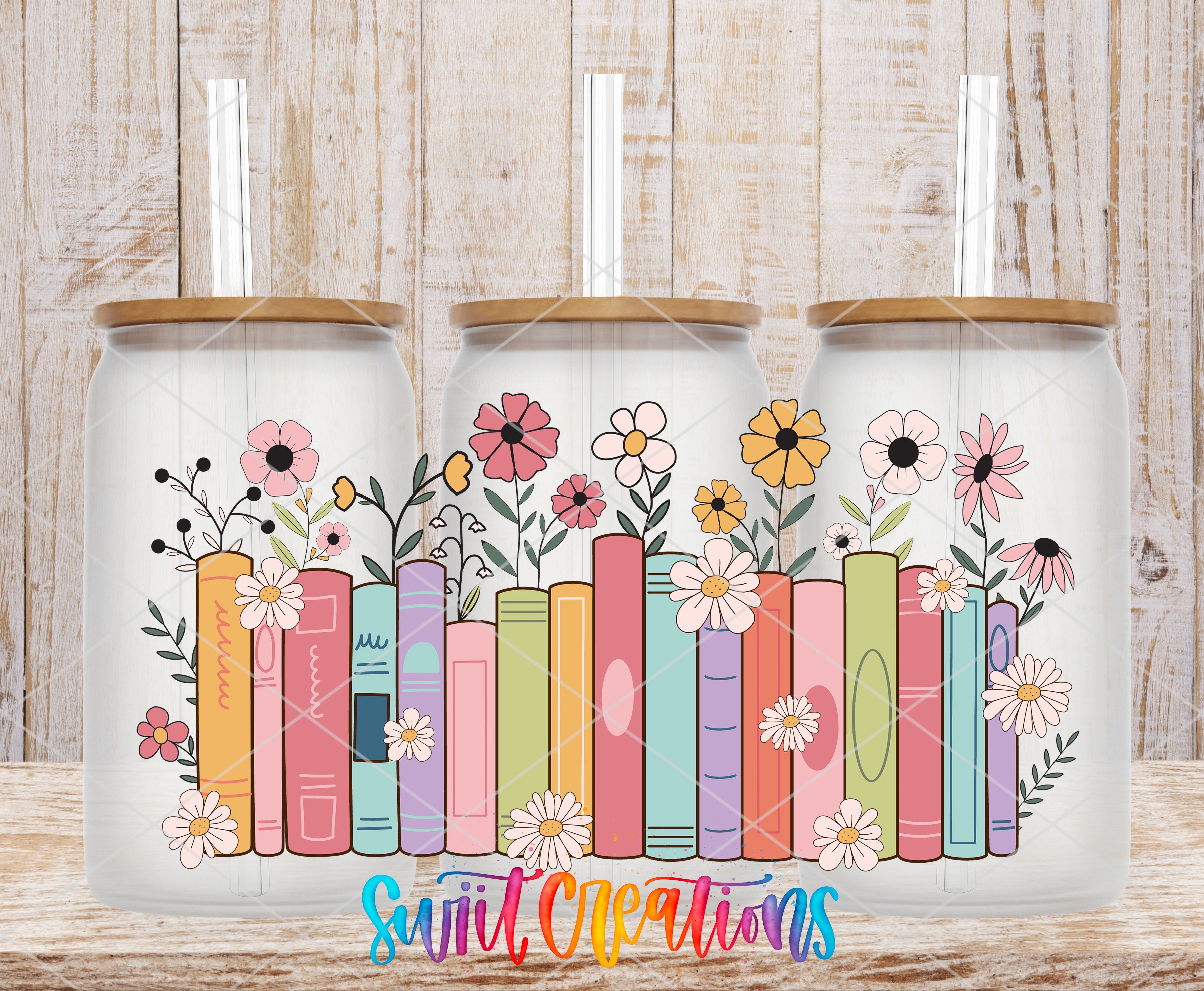 Three glass jars with lids, each containing a colorful illustration of a row of books with flowers on the spines.