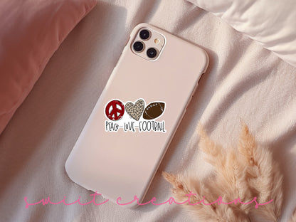 a phone case with a peace, love, and football sticker on it