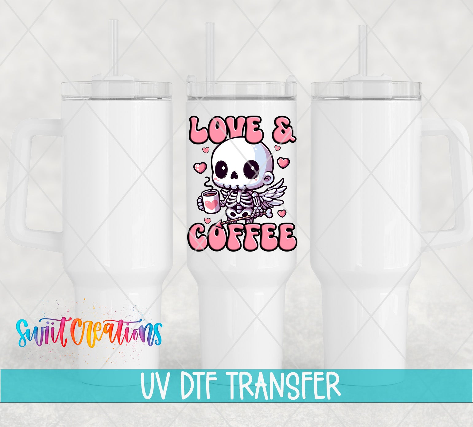 a white ceramic mug with a cartoon skull and wings design, along with the text "LOVE & COFFEE" printed on it.