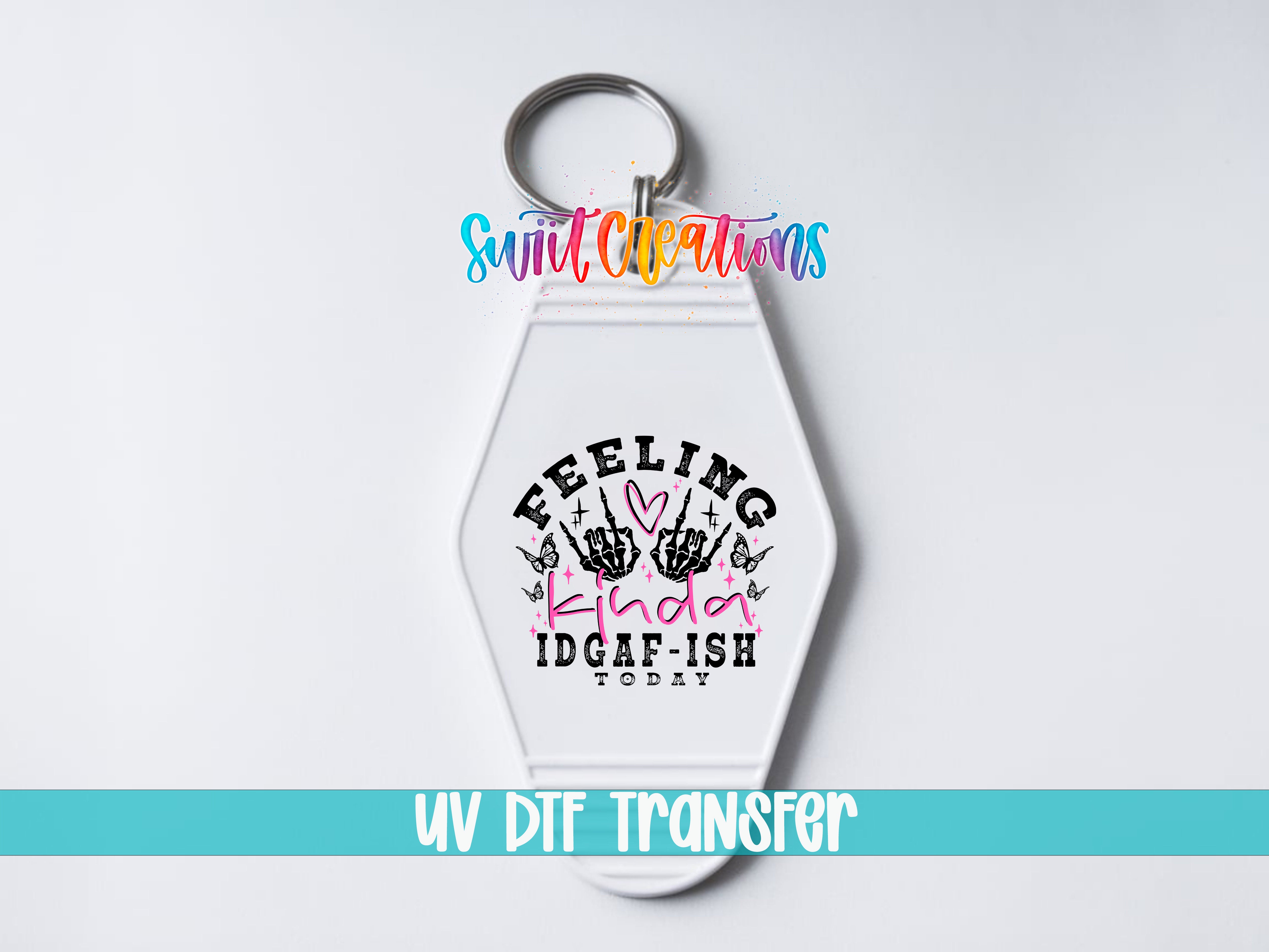 A keychain with a colorful design and text on it.