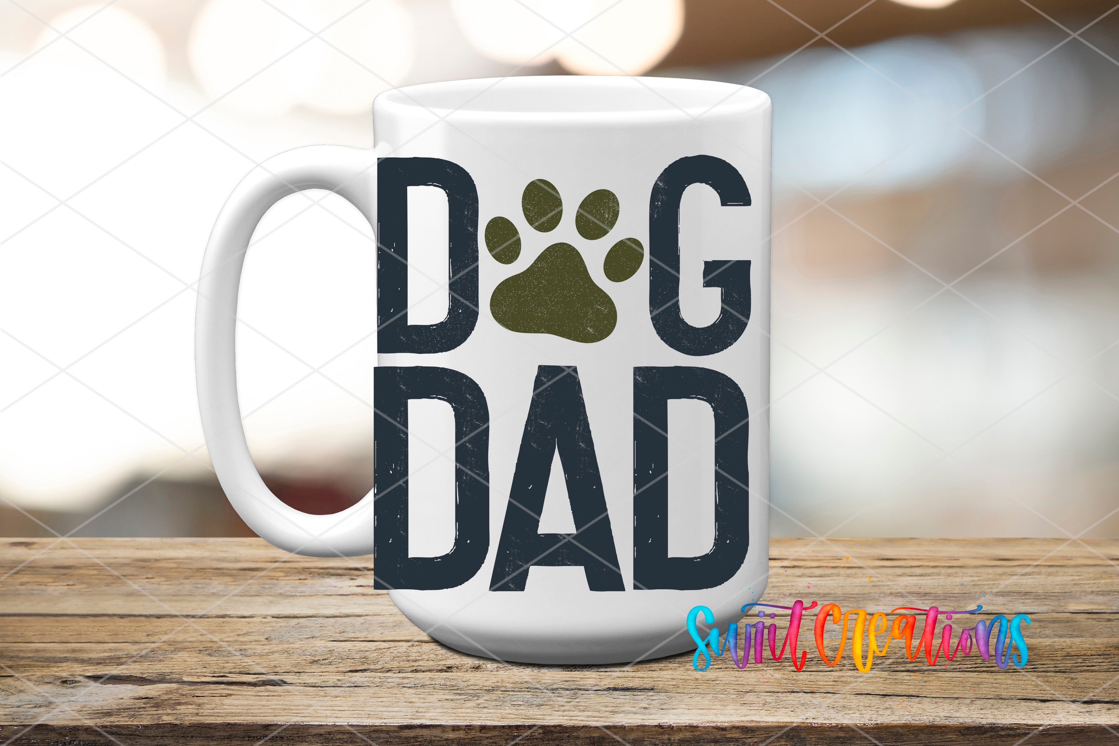 A white mug with the text "DOG DAD" printed on it, along with a paw print symbol.