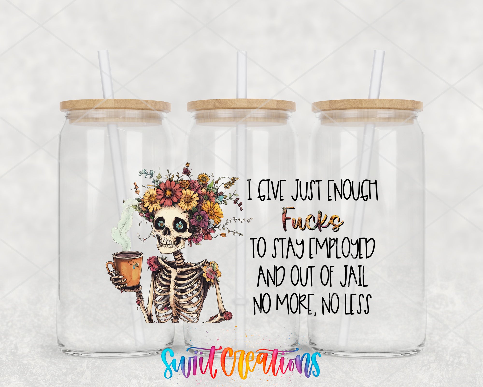a skeleton wearing a flower crown and holding a cup of coffee, with text overlaid on the image.