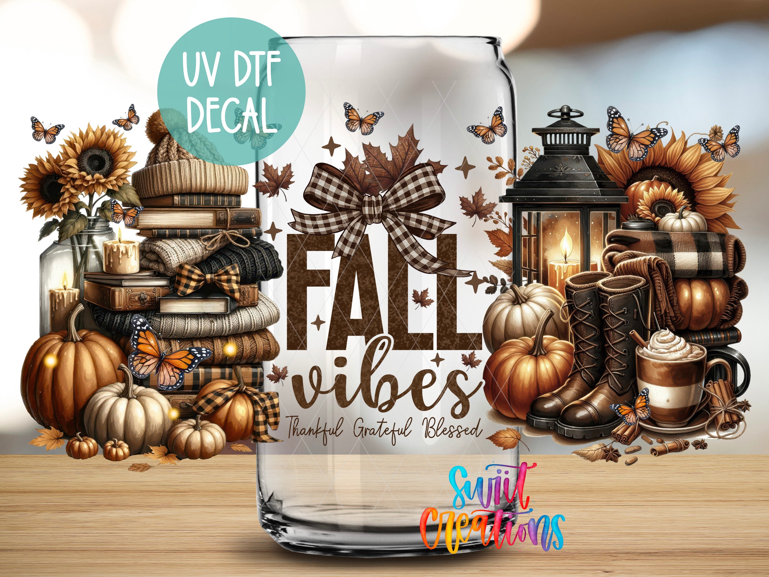 a glass jar with a fall-themed decal, surrounded by various fall-themed items such as pumpkins, sunflowers, and a lantern.