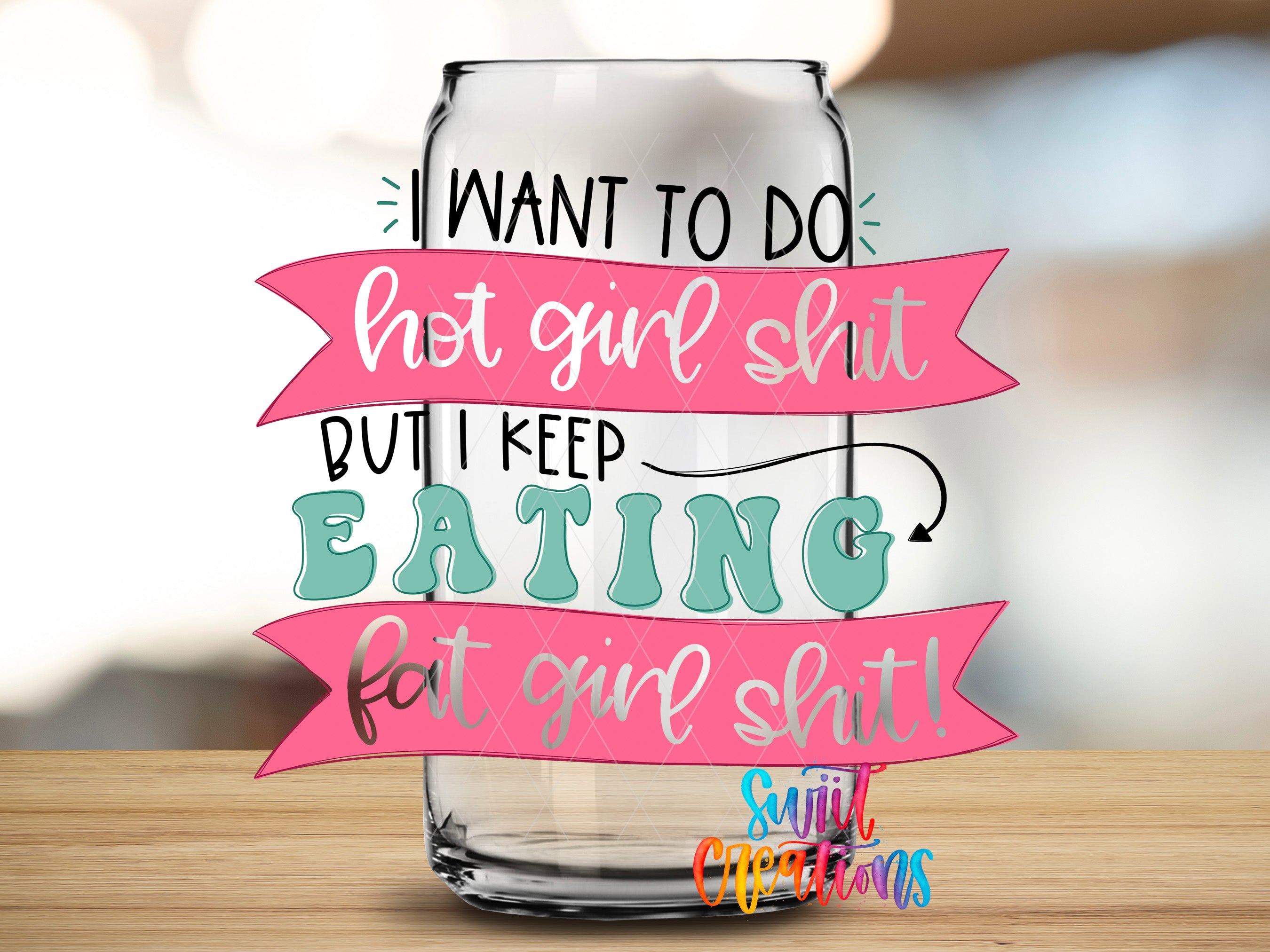 a glass jar with a colorful and playful design, including text and graphics.