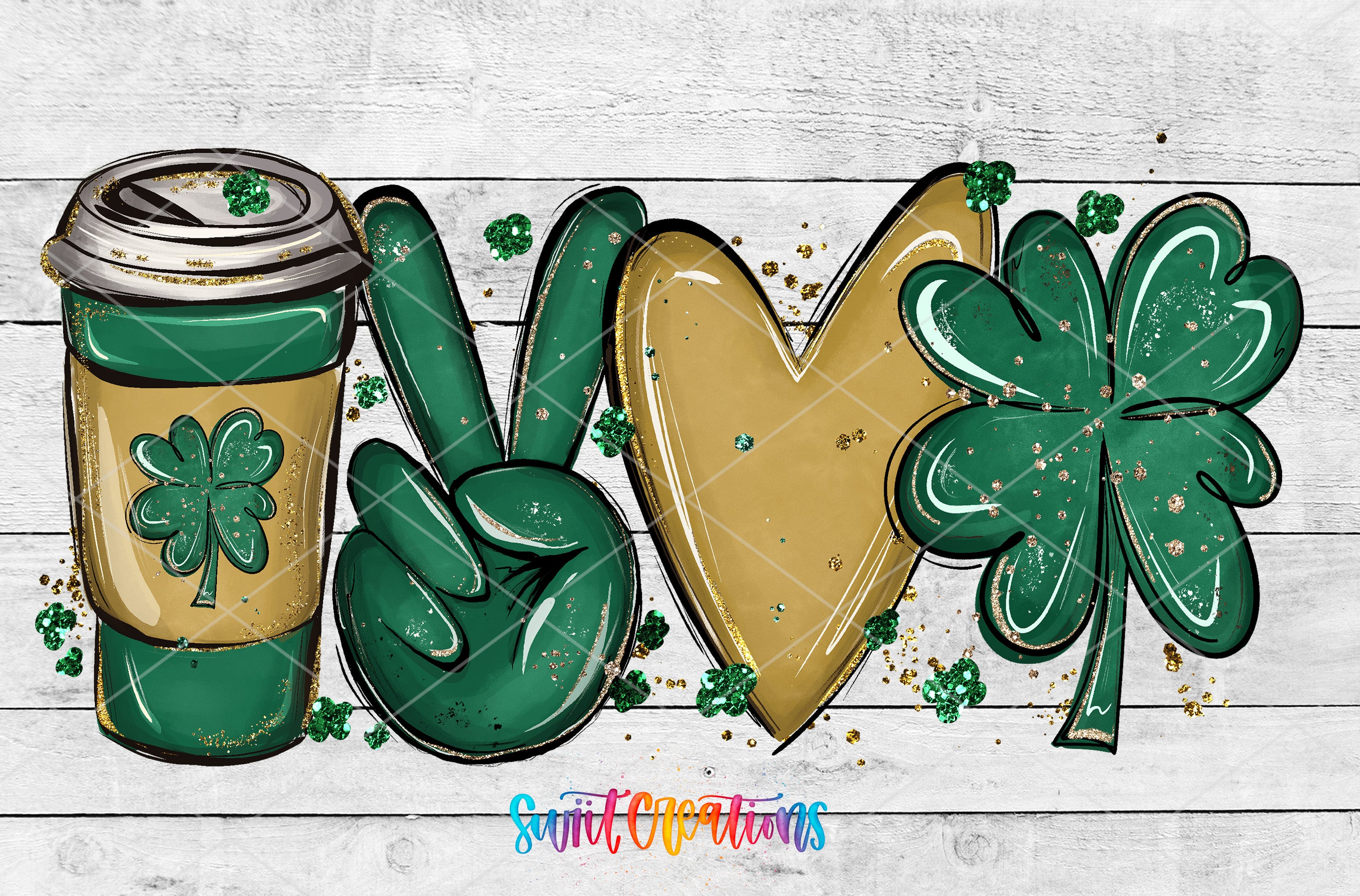 A hand-drawn illustration featuring a coffee cup, a peace sign, a four-leaf clover, and a heart shape, all rendered in green and gold colors.
