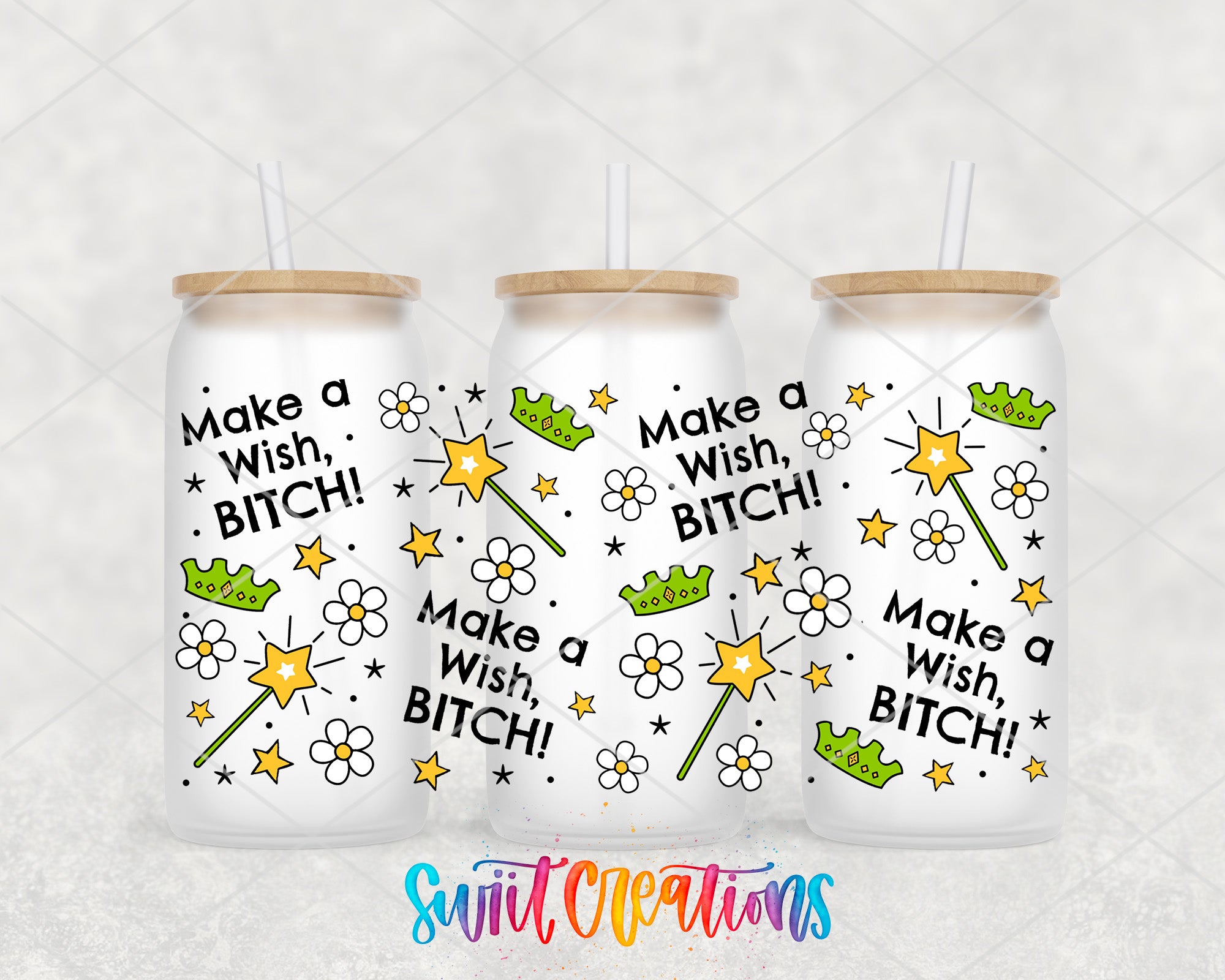 Three white tumblers with black text and illustrations printed on them, each with a straw.
