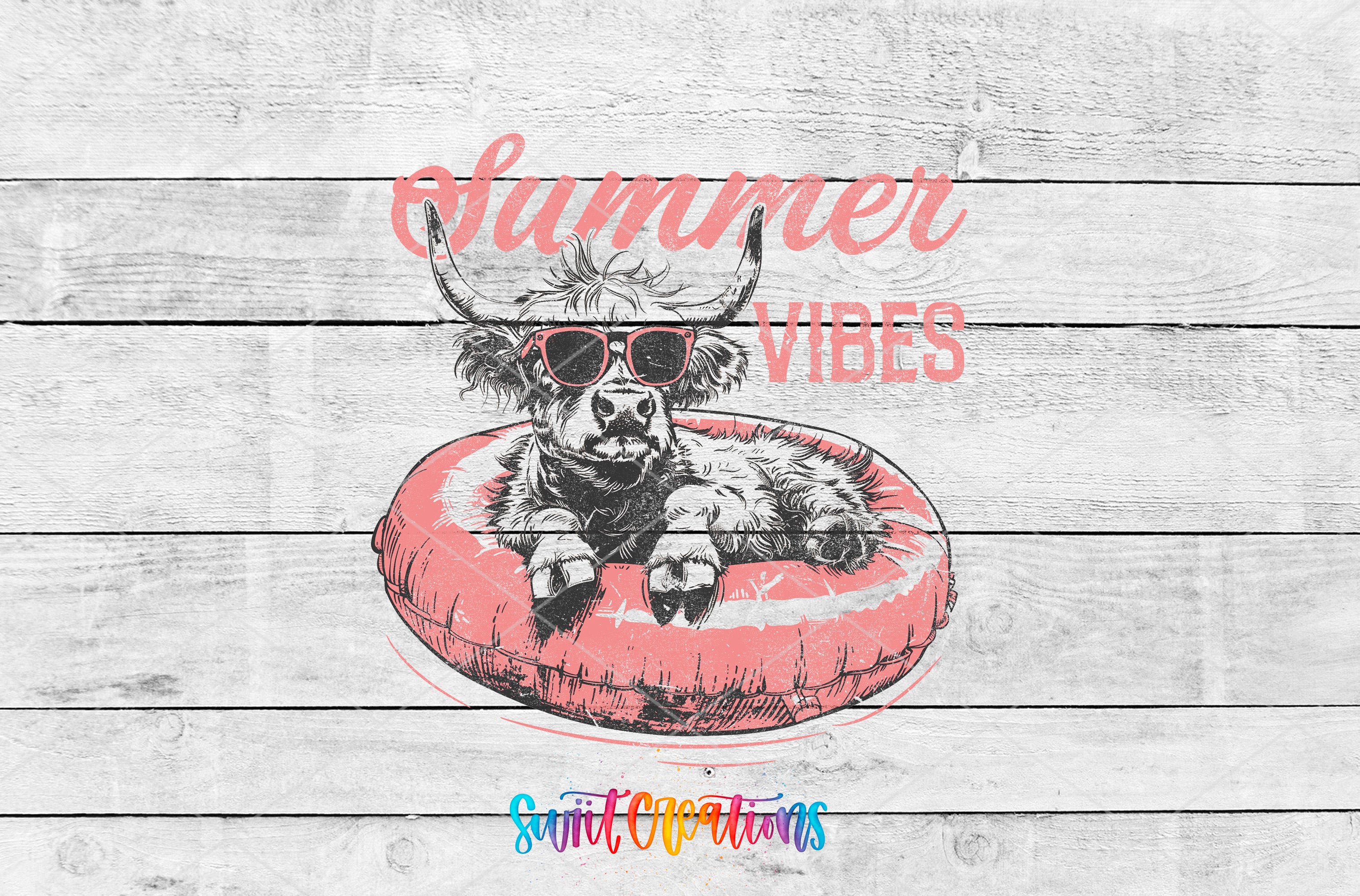 A cow wearing sunglasses and resting on a red inner tube, with the text "Summer Vibes" above it.