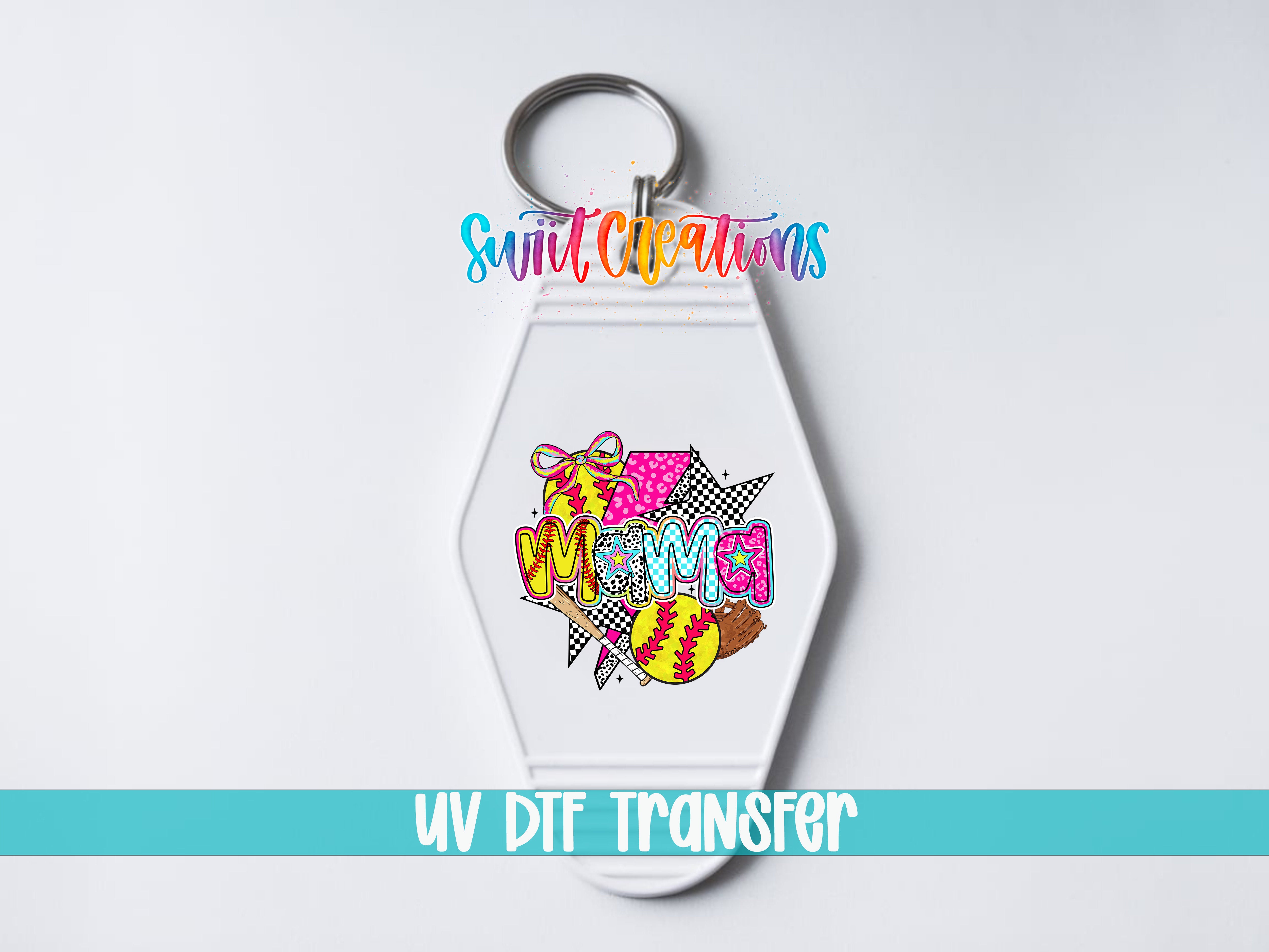 A keychain with a colorful, abstract design featuring various shapes and patterns, including a baseball and a starburst. The text "UV DDF Transfer" is displayed below the keychain.