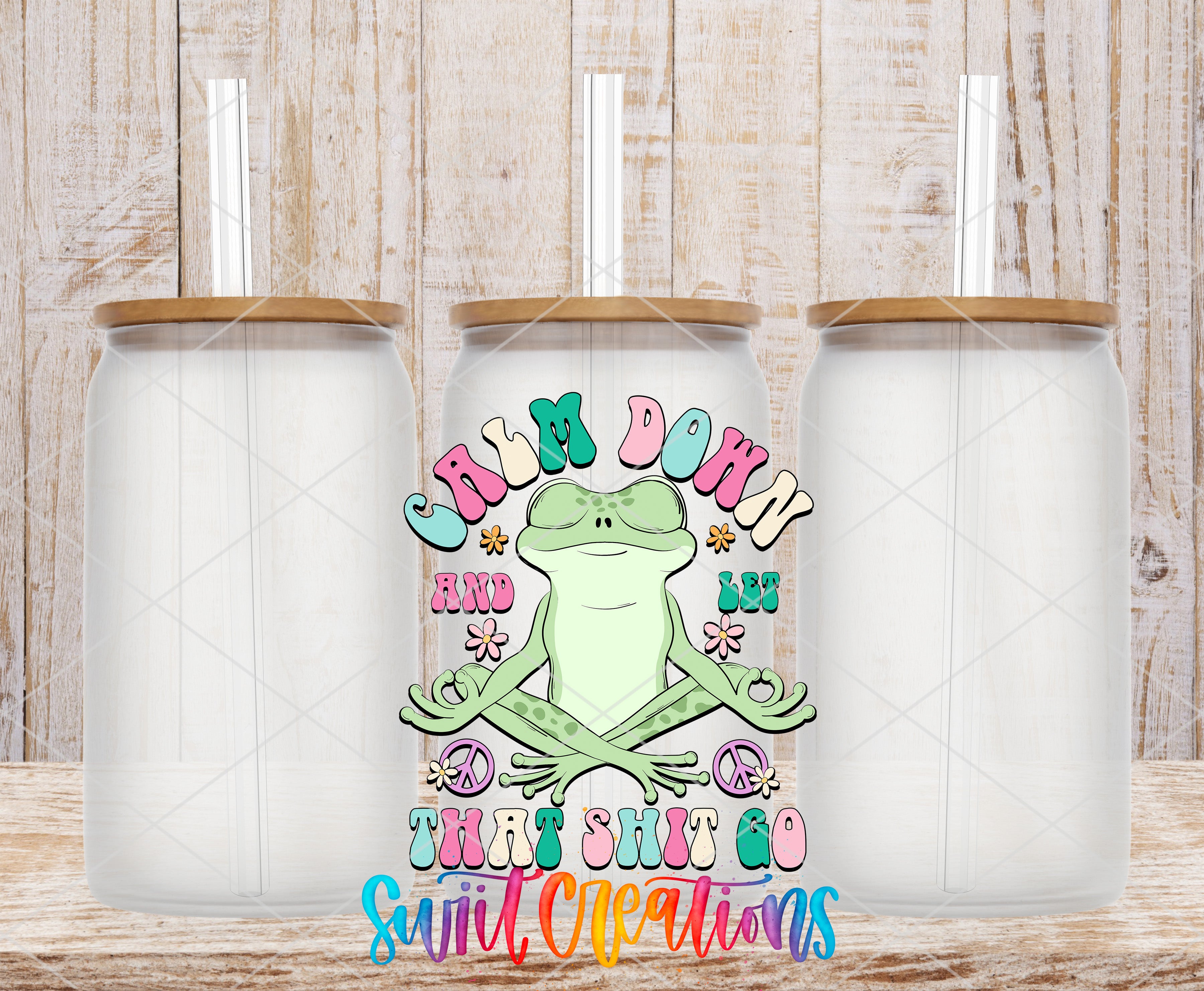 a colorful and whimsical design with a frog sitting in a meditative pose, surrounded by various text elements.