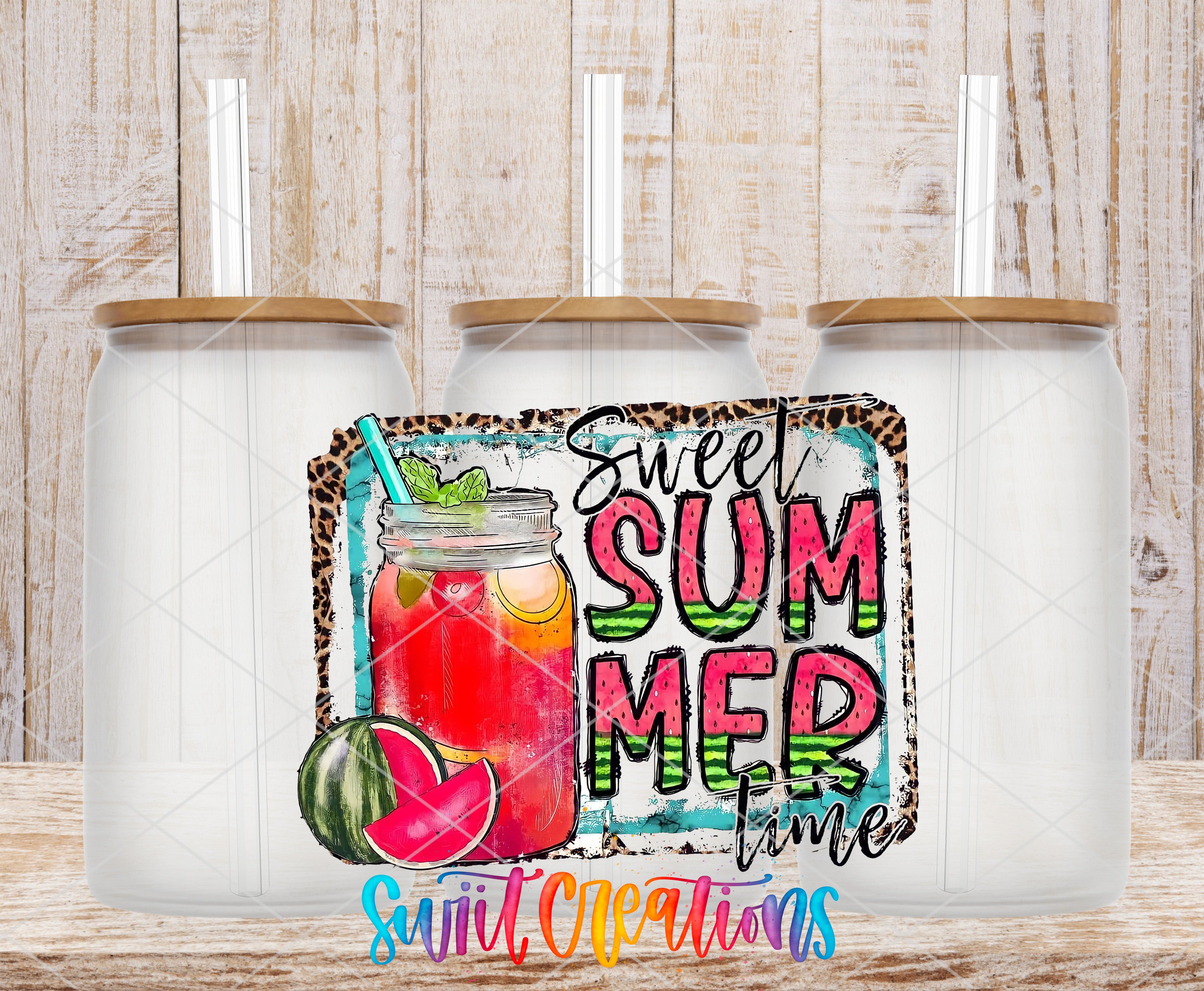 a colorful illustration of a mason jar with a straw, accompanied by the text "Sweet Summer Time" in a playful, summery font.