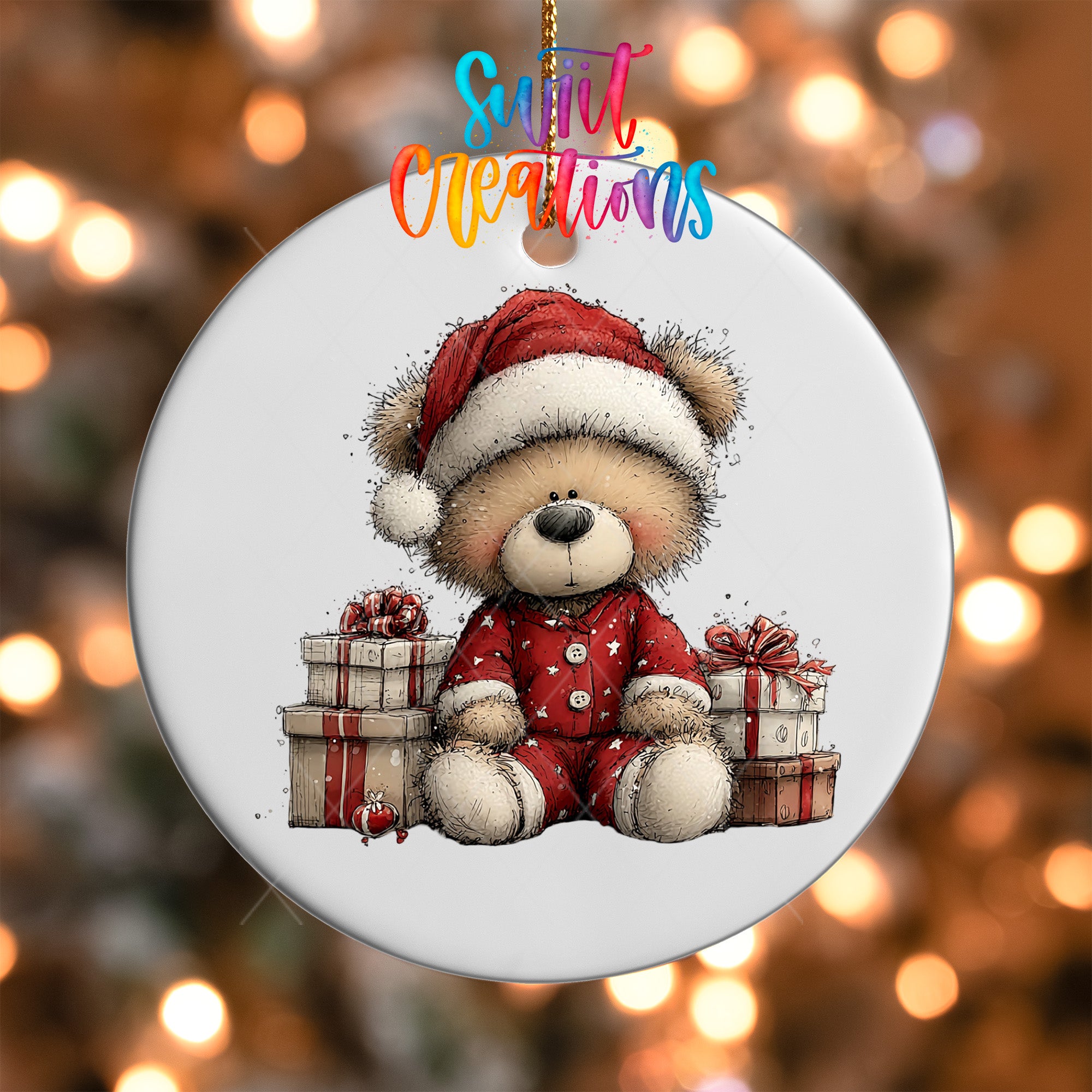 A white ornament featuring a teddy bear wearing a Santa hat and holding presents, with a colorful background of Christmas lights.