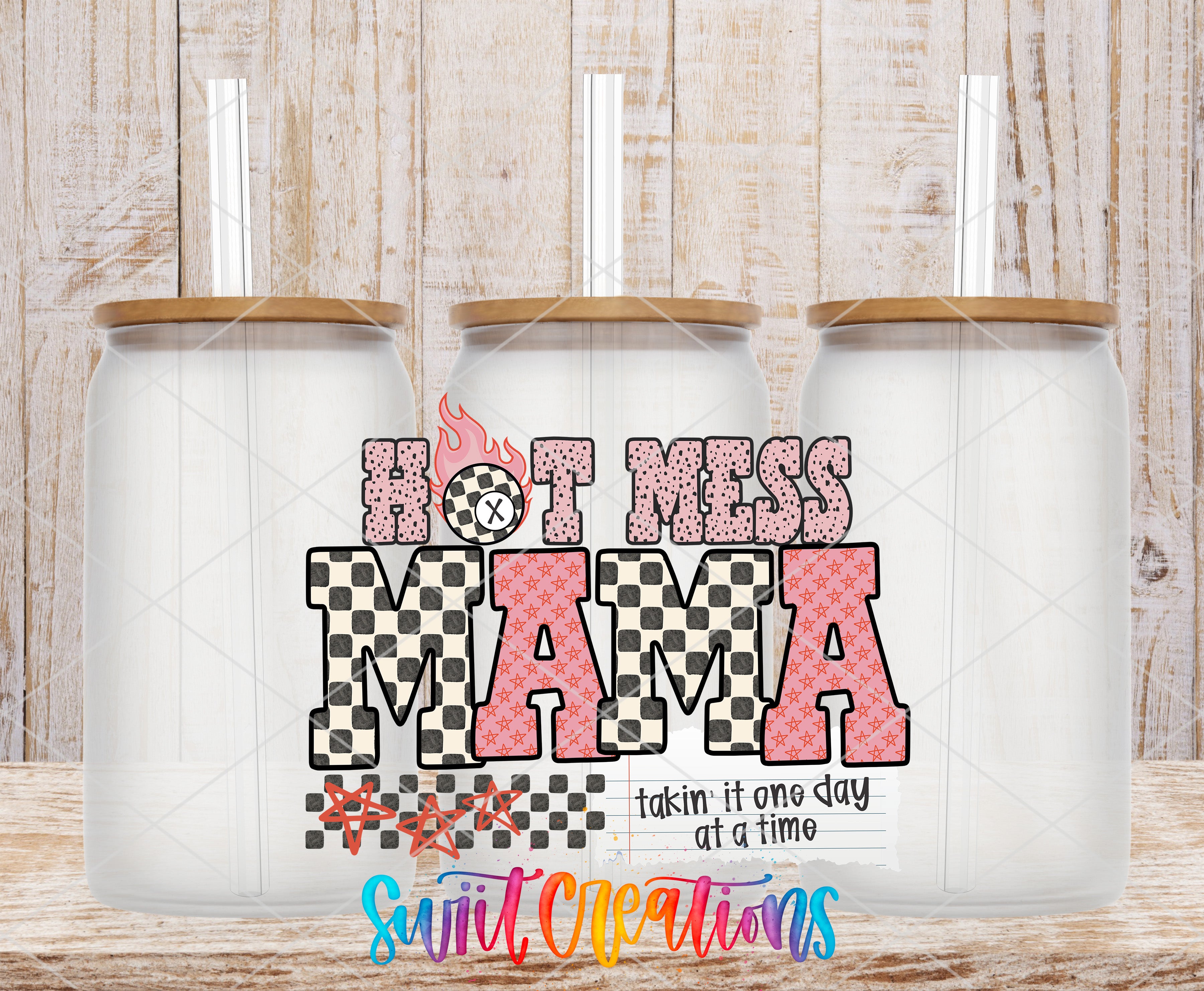 three glass jars with a checkered pattern and the text "HOT MESS MAMA" printed on them.