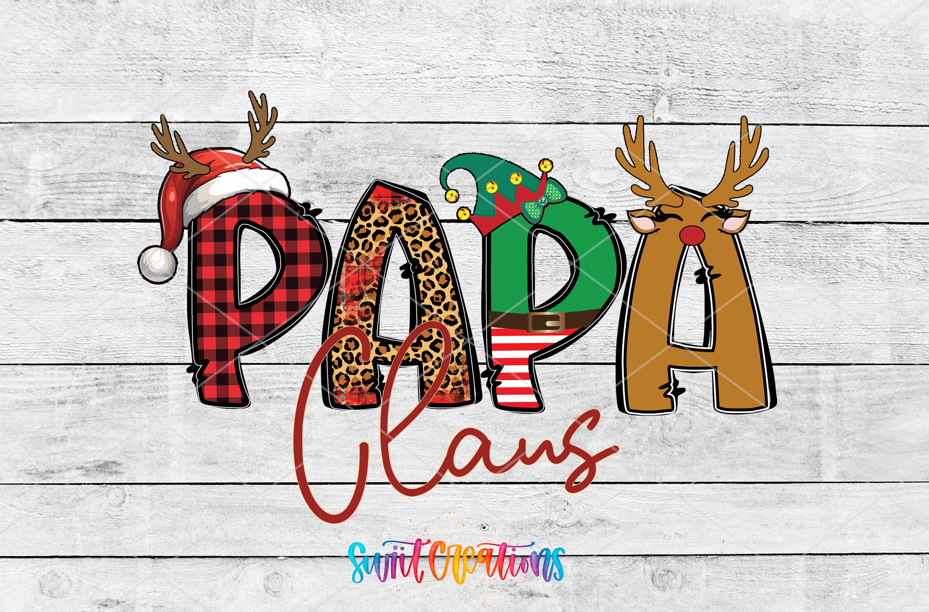A collage of various Christmas-themed elements, including reindeer, Santa Claus, and the word "Papa" in a playful font.