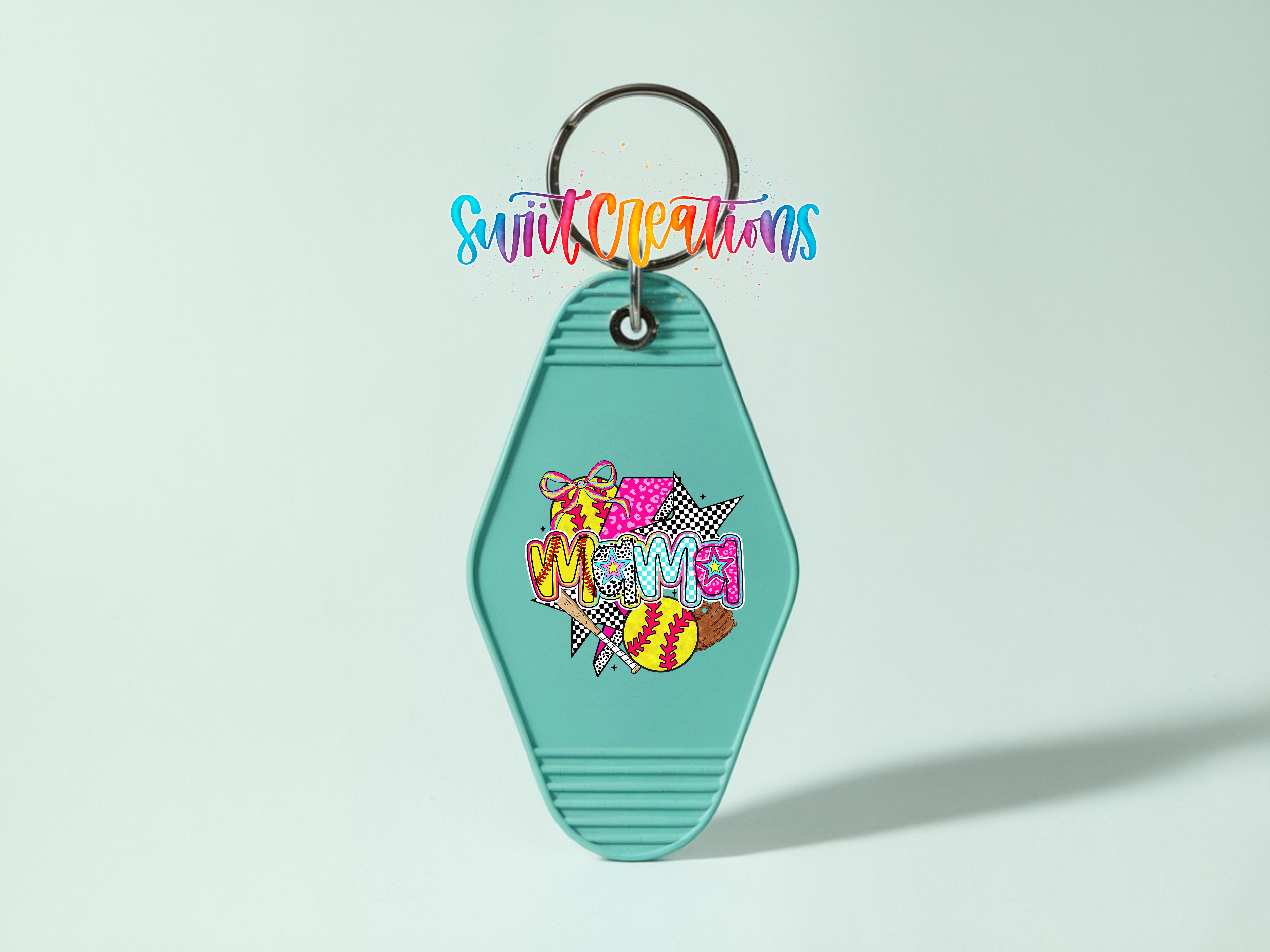 A turquoise keychain with a colorful graphic design and the text "Swift Creations" written on it.
