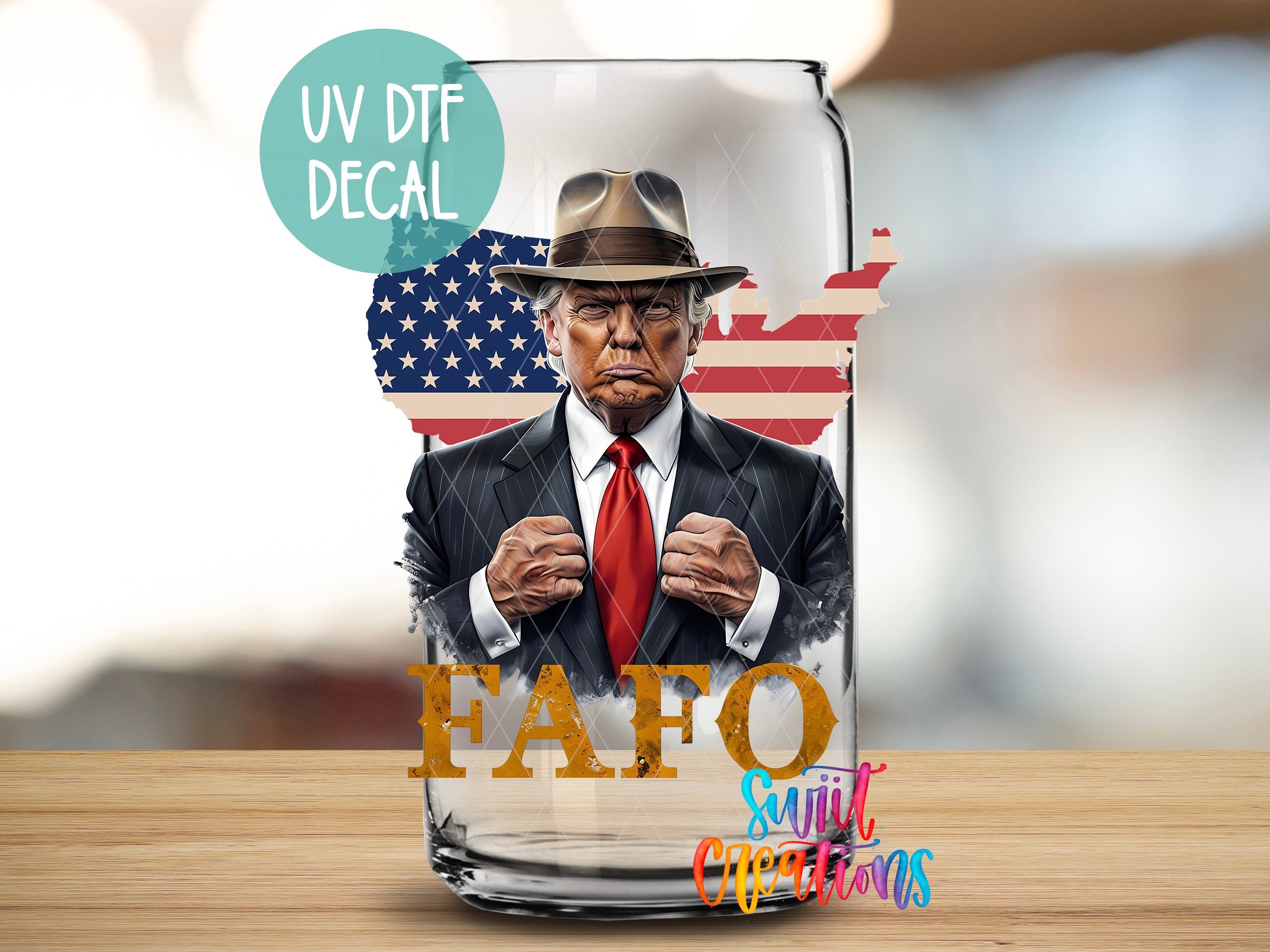 a glass with a picture of a man in a suit and tie