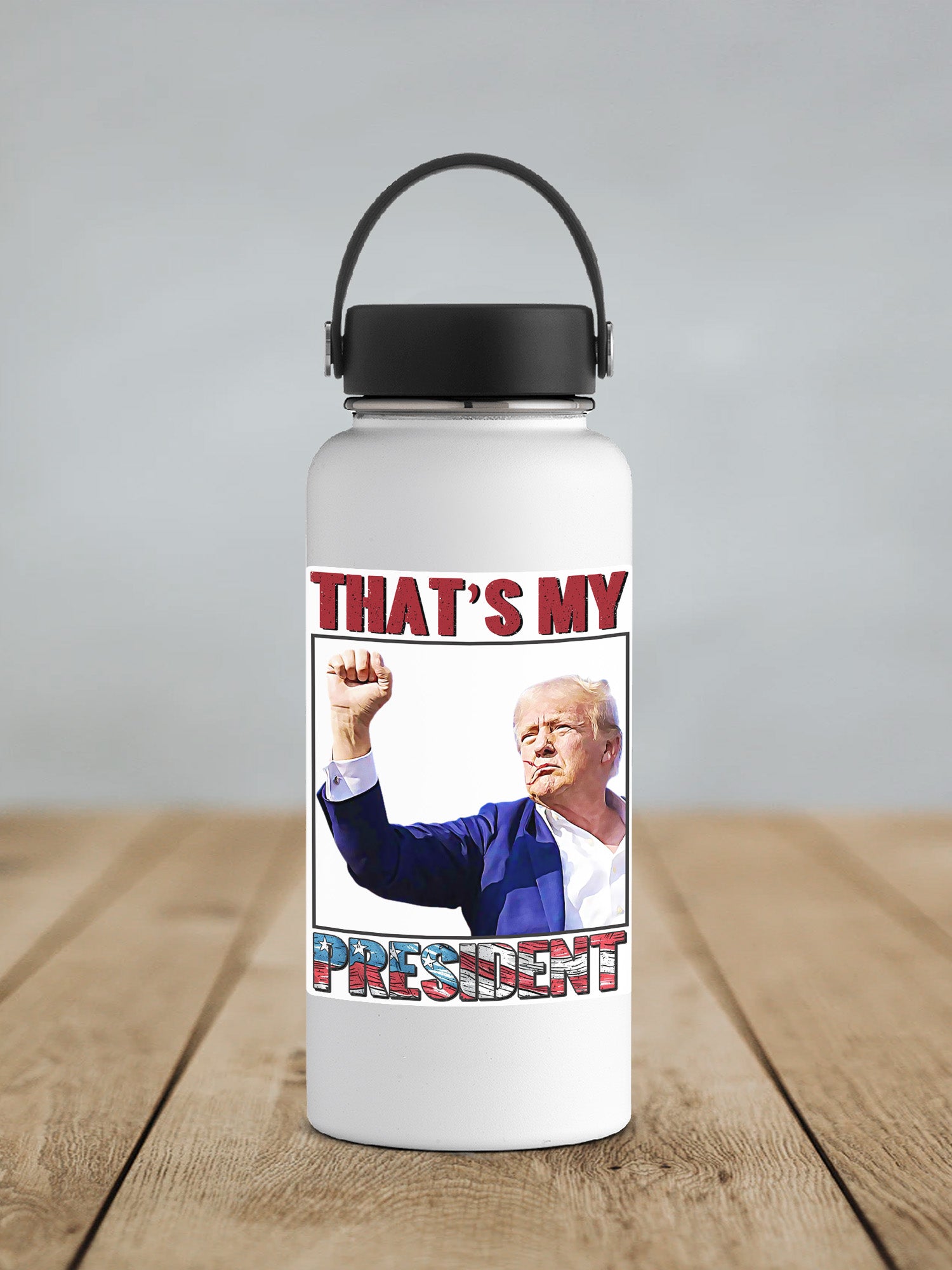 a water bottle with a picture of a president on it