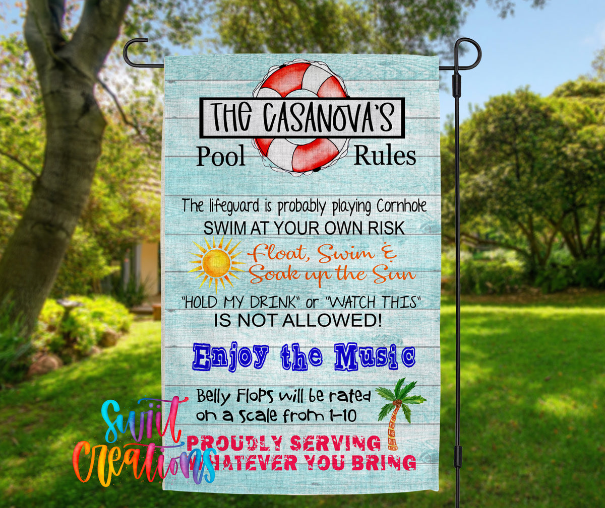 a sign with a beach theme, including a lifeguard symbol, a pool, and various beach-related phrases.