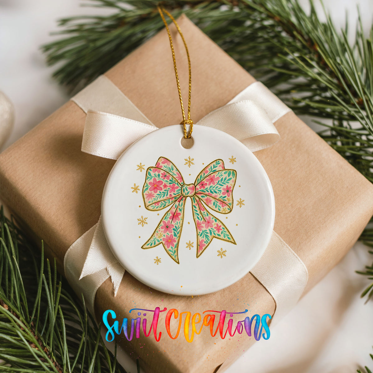 A white ceramic ornament with a floral bow design is displayed on top of a brown gift box, surrounded by pine branches.