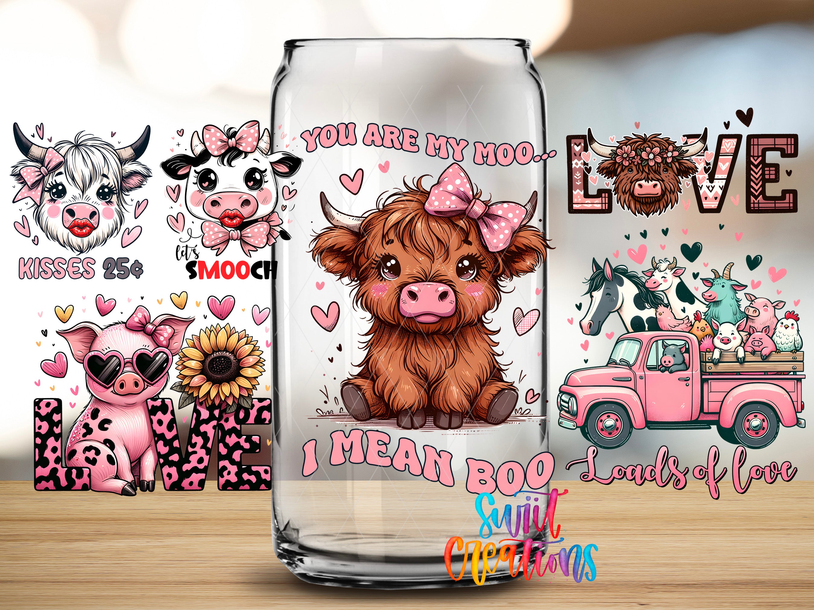 a glass can with a cartoon cow on it, surrounded by various farm animals and farm-related elements.