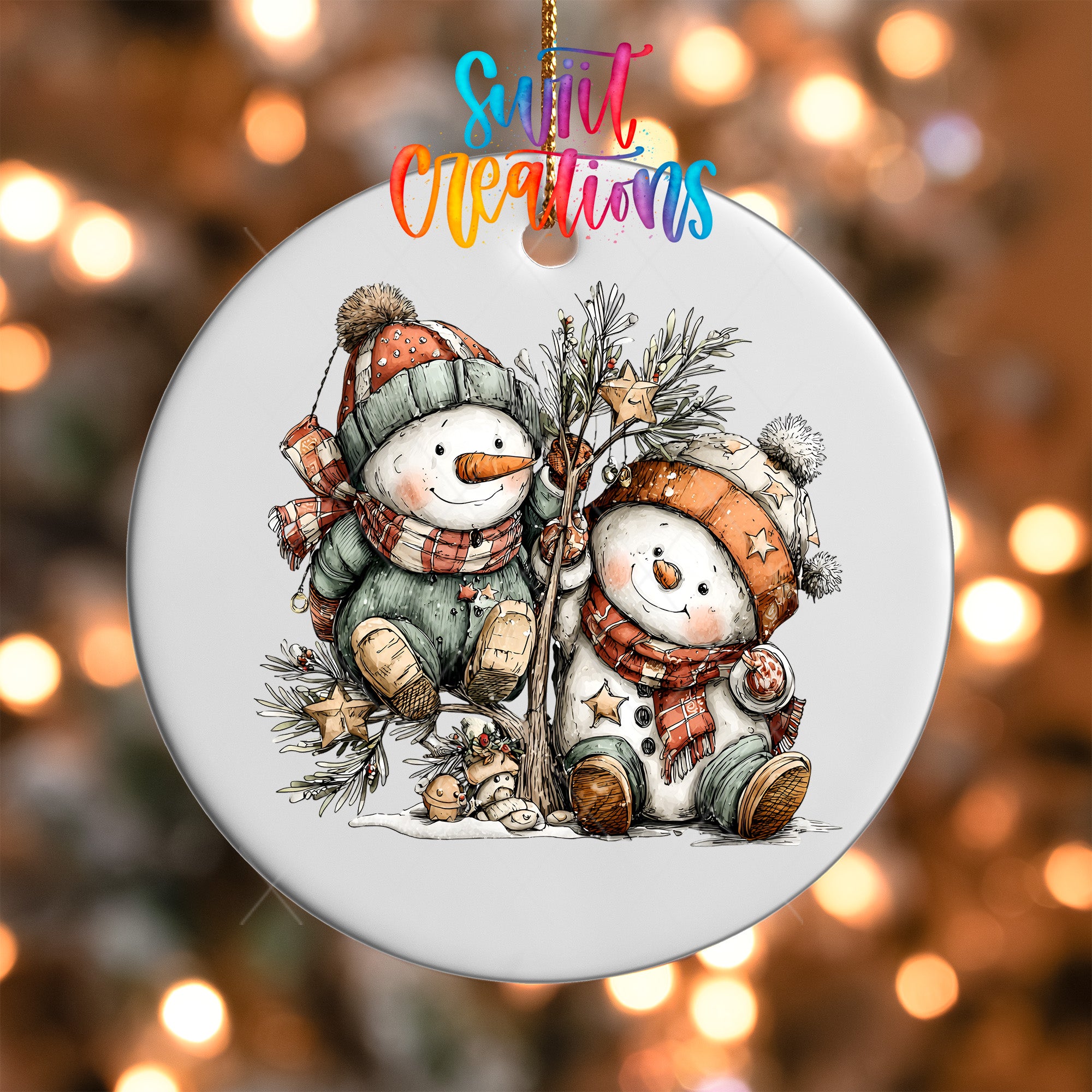 A snowman ornament with two snowmen sitting next to each other, surrounded by snow and holiday decorations.