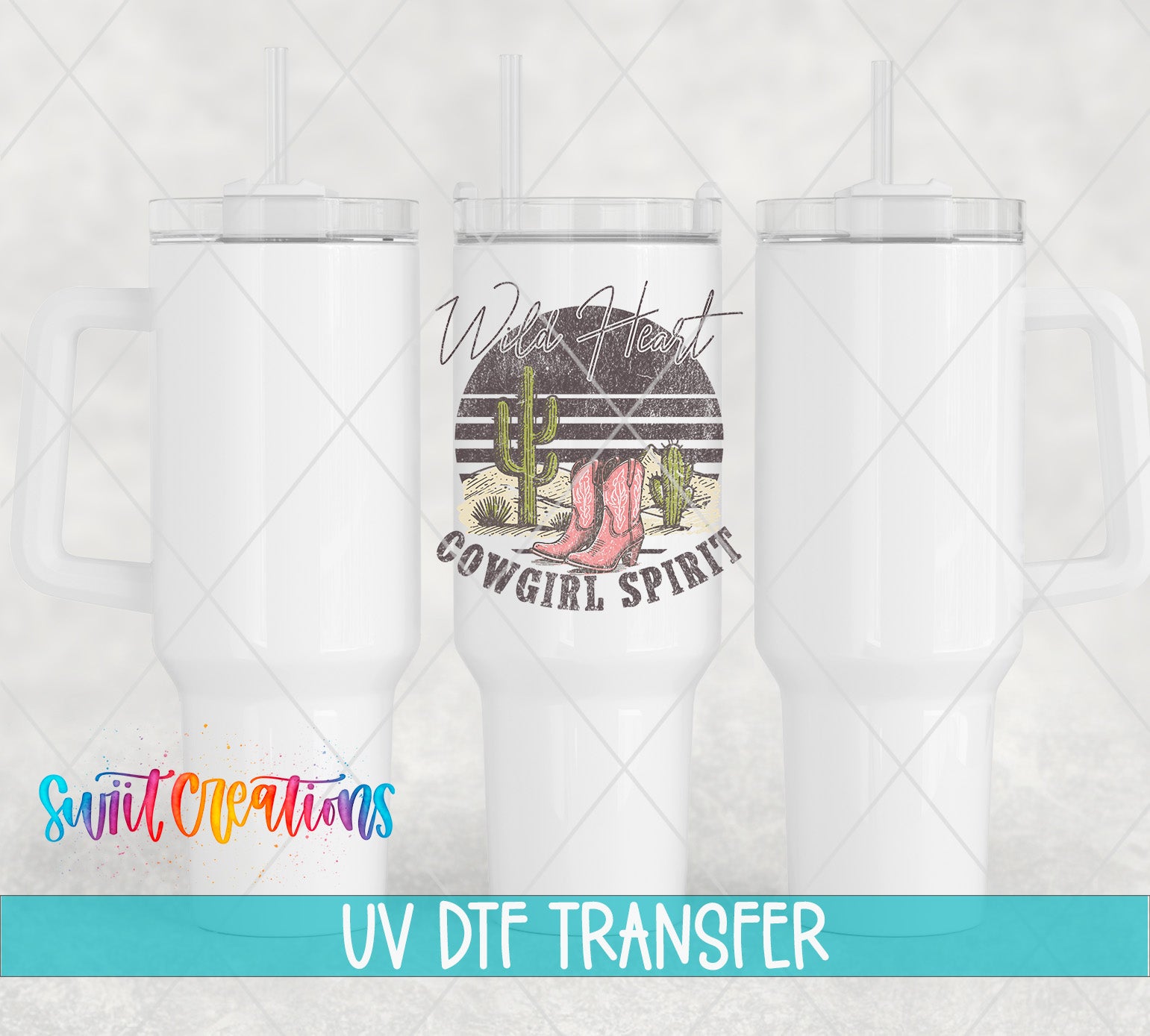 three white tumblers with a graphic design on them, including a cactus and the text "Wild Heart Cowgirl Spirit".