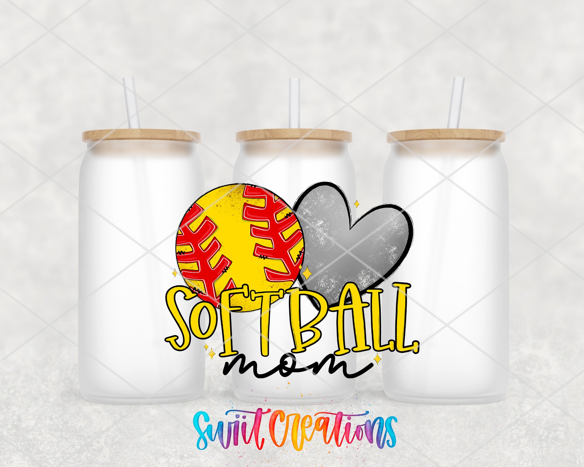 three white cans with straws, each containing a softball and a heart, arranged in a row. The text "SOFTBALL mom" is displayed prominently in the center of the image.
