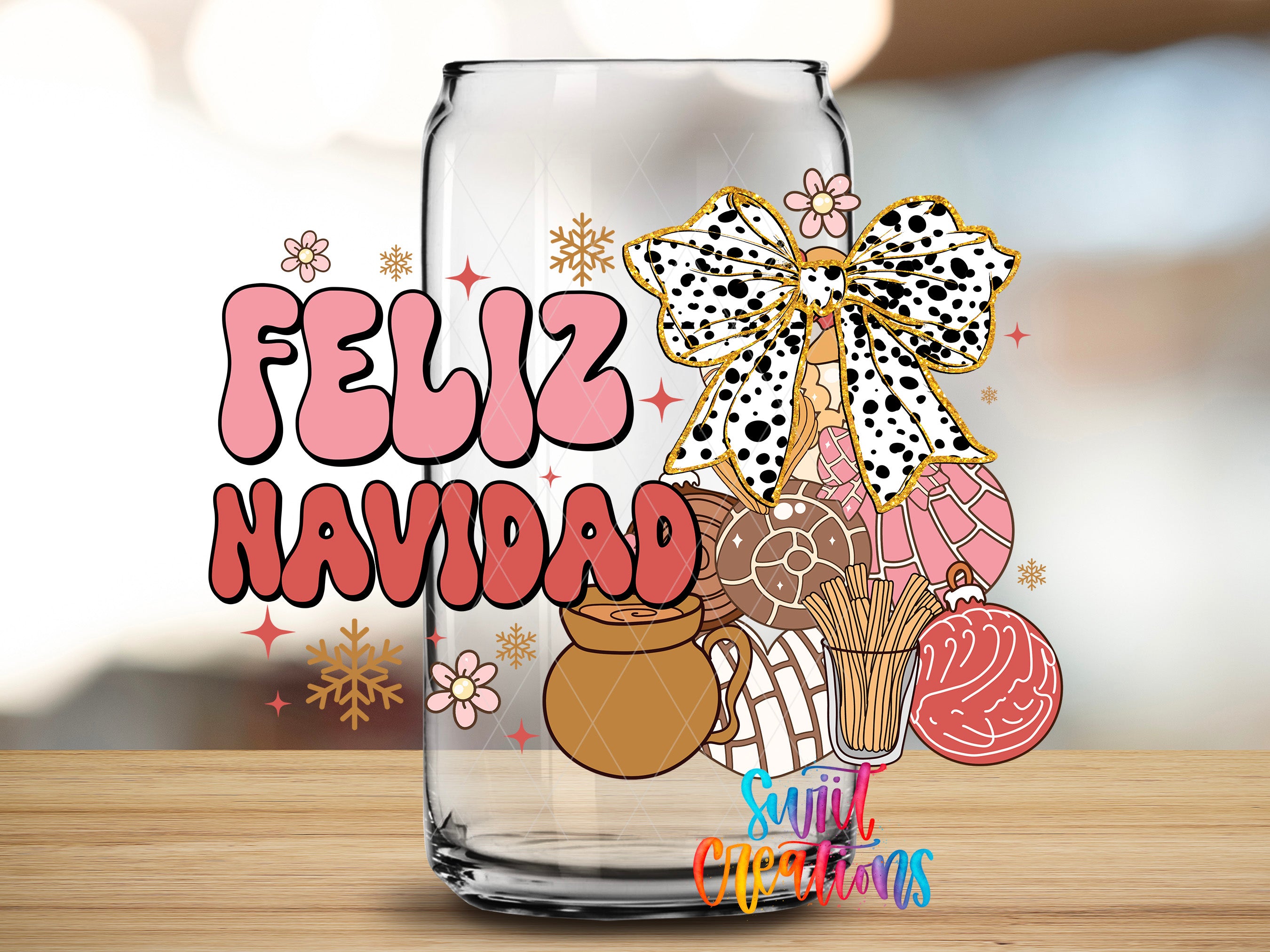 a glass can with a festive design, including a bow, snowflakes, and various holiday-themed items such as a mug and a bowl. The text "Feliz Navidad" is displayed prominently on the can, which translates to "Happy New Year" in Spanish.