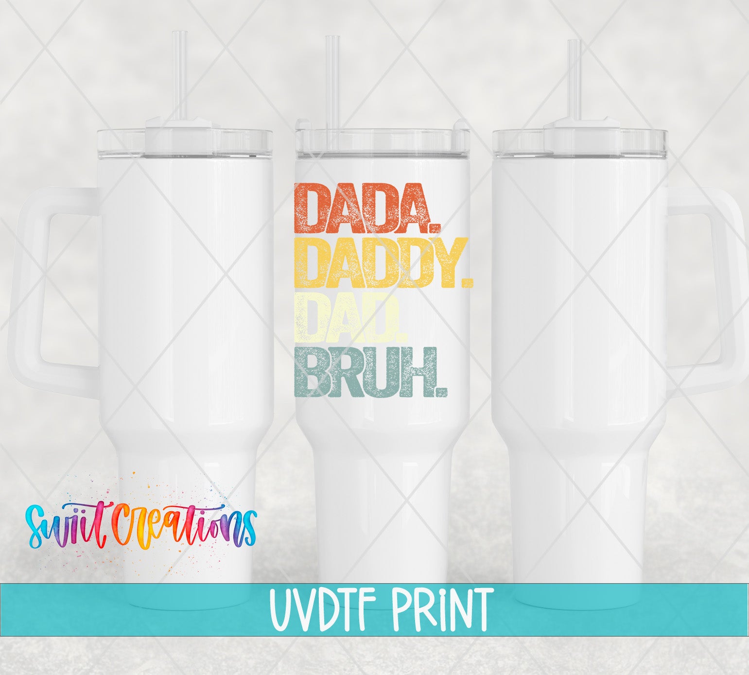 three white tumblers with colorful text printed on them.