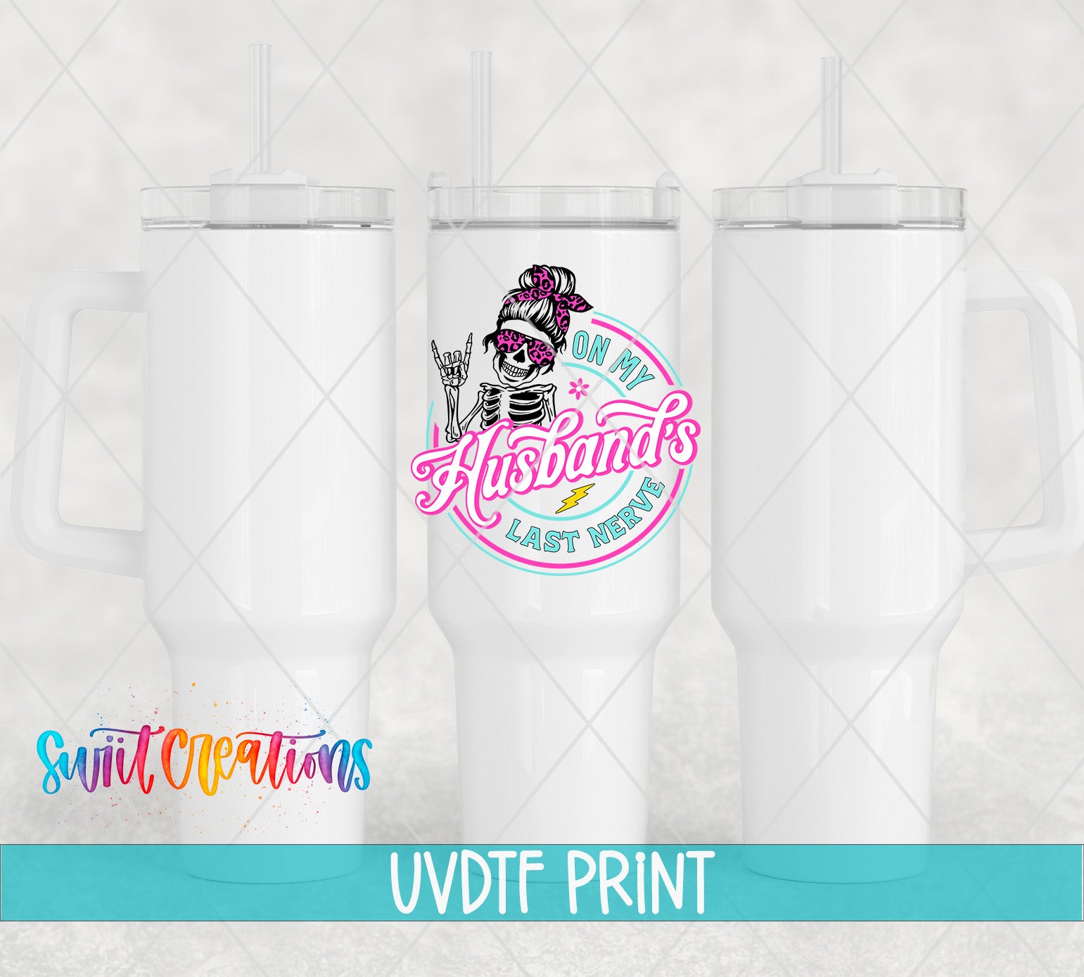 three white tumblers with a colorful graphic design on them.