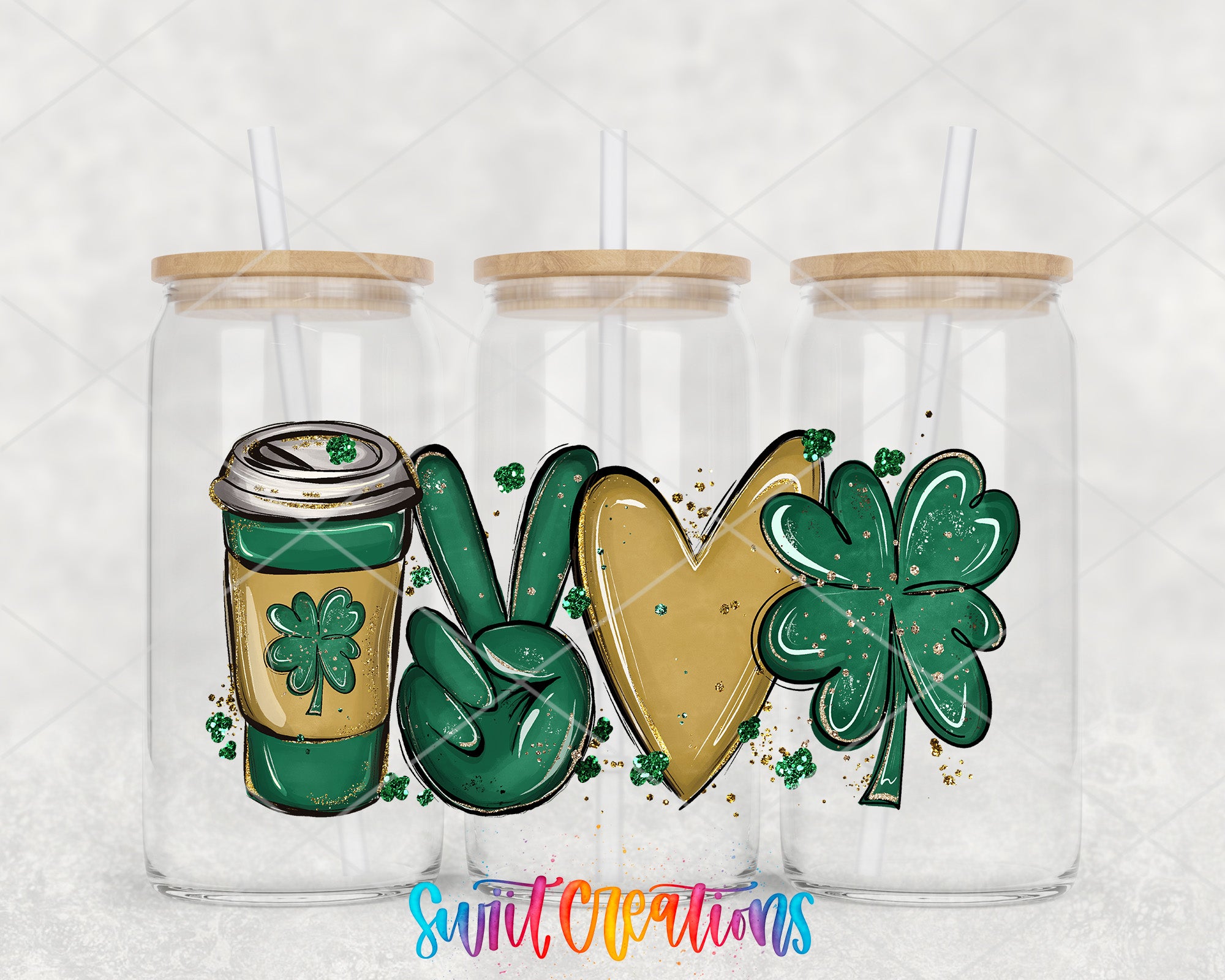 three glass jars with various Irish-themed designs, including a coffee cup, a peace sign, and a four-leaf clover.