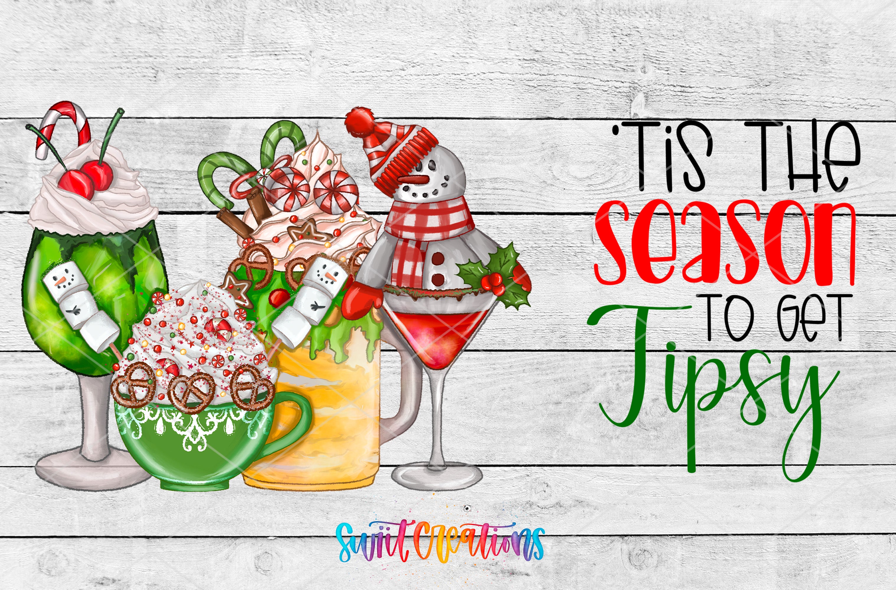 The image is a collage of various festive and holiday-themed items, including a snowman, a martini glass, a cup of hot chocolate, and a cup of iced coffee, all set against a white wooden background. The text "Tis the season to get Tipsy" is displayed in the image, suggesting a festive and celebratory theme.