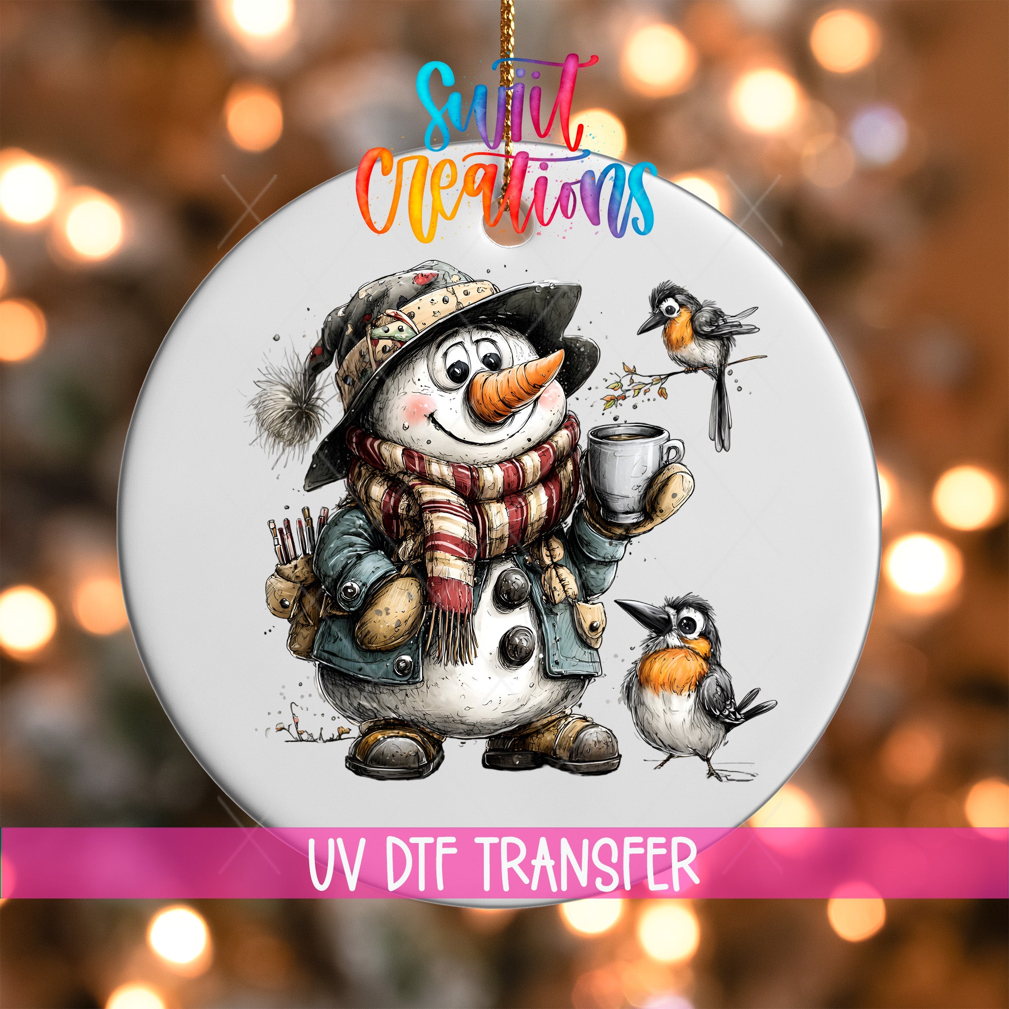 A snowman ornament with a bird perched on its shoulder, holding a cup, and a bird nearby, all set against a background of colorful lights.