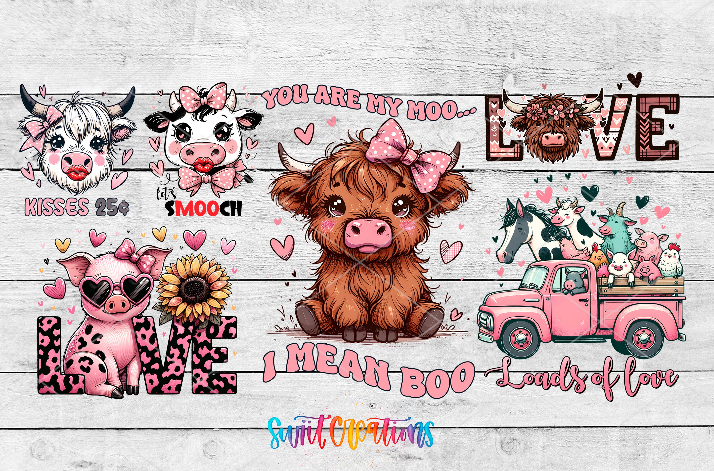 The image is a collage of various cute and whimsical illustrations, including cows, a pig, a truck, and other animals. The text in the image includes phrases like "You are my moo...", "I mean BOO", and "Love".