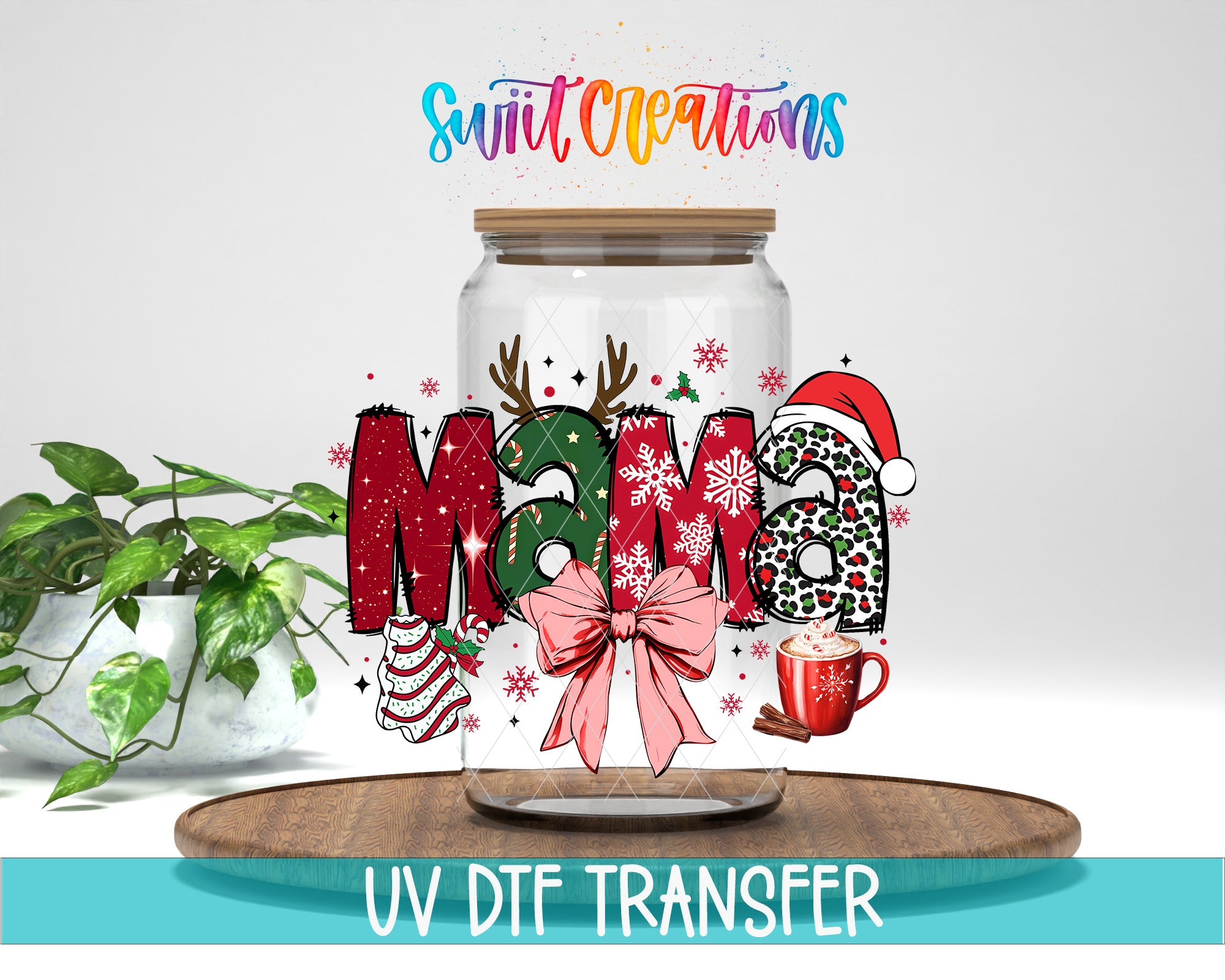 A glass jar with the word "MAMA" written on it, surrounded by various Christmas-themed elements such as snowflakes, reindeer, and a Santa hat. The jar is placed on a wooden surface, and there is a potted plant in the background.