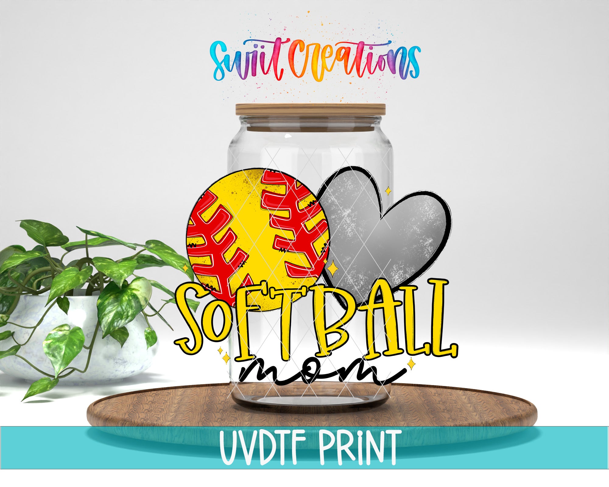 a glass jar with a softball and a heart inside, along with the text "SOFTBALL mom" written on it. The jar is placed on a wooden surface, and there is a potted plant in the background.