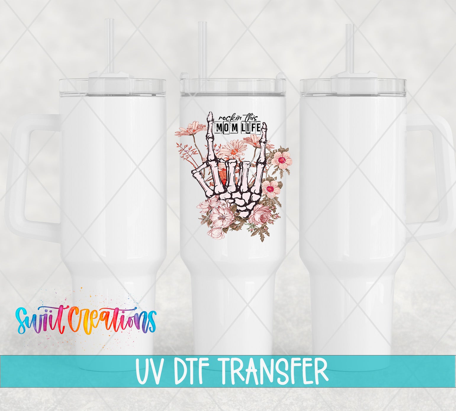 three white tumblers with a floral design and text printed on them.