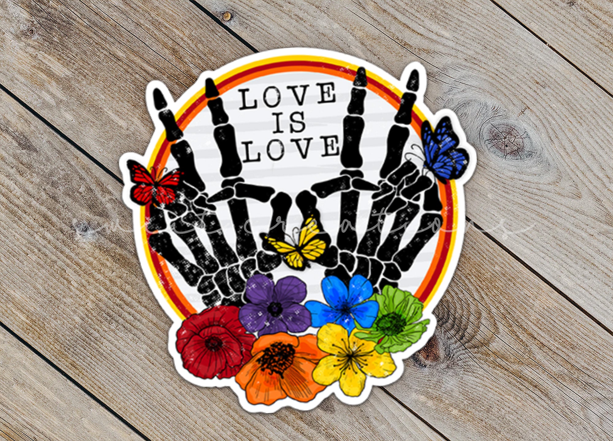 a sticker that says love is love with two hands holding flowers