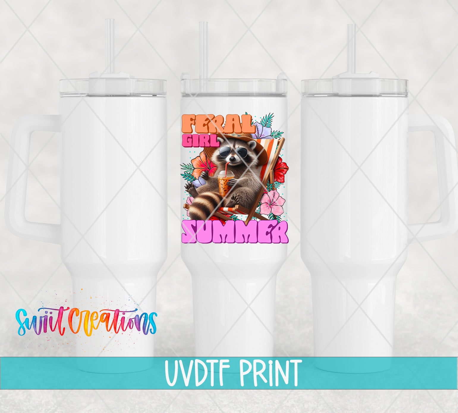 three white tumblers with a colorful design on the front, including a raccoon and the text "Feral Girl Summer".