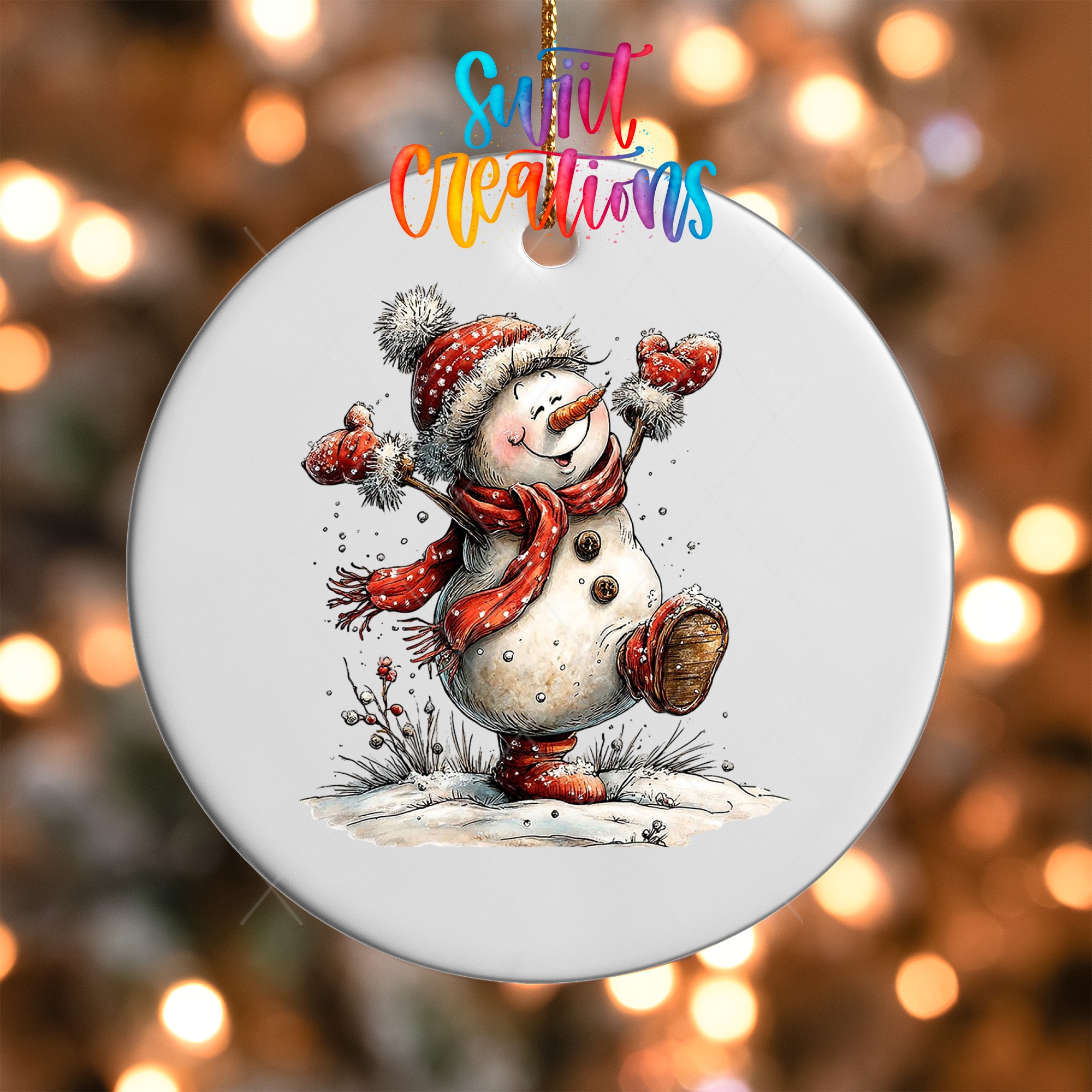 A snowman ornament with a red scarf and hat, wearing a red boot, is depicted in the image.