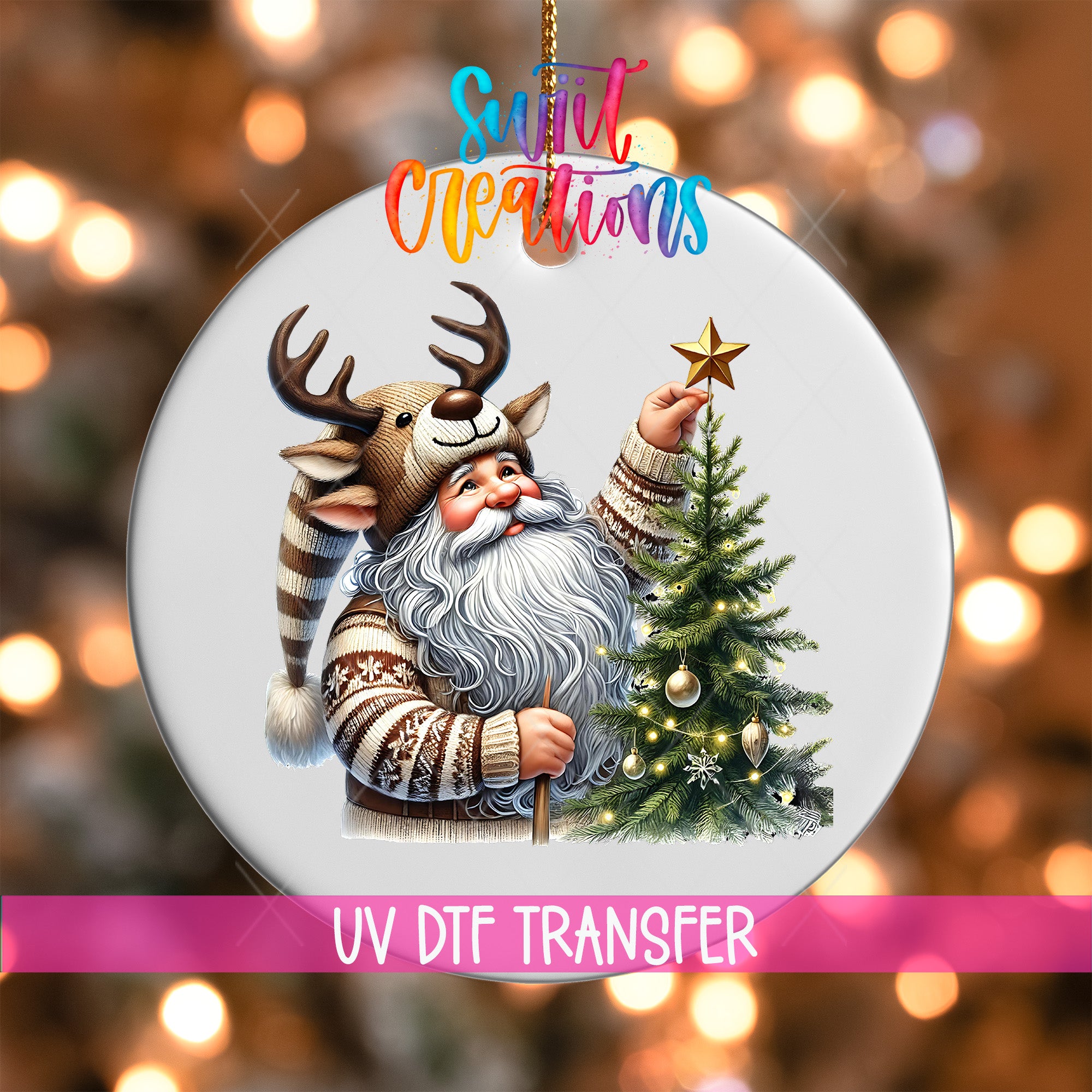 Santa Claus decorating a Christmas tree with a star and antlers, with a colorful background and text overlay.