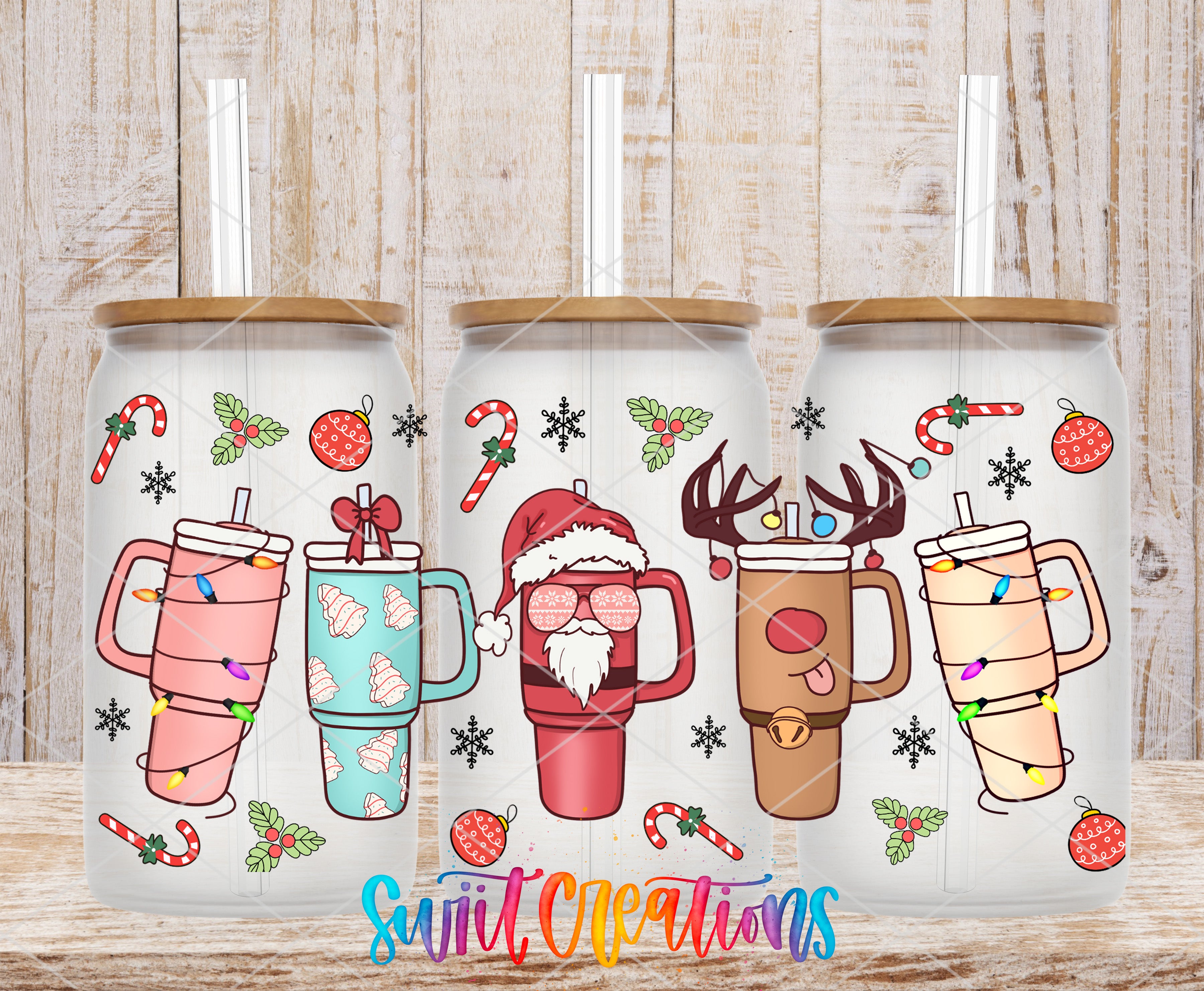 three colorful mugs with Christmas-themed designs, including Santa Claus, reindeer, and Christmas trees.