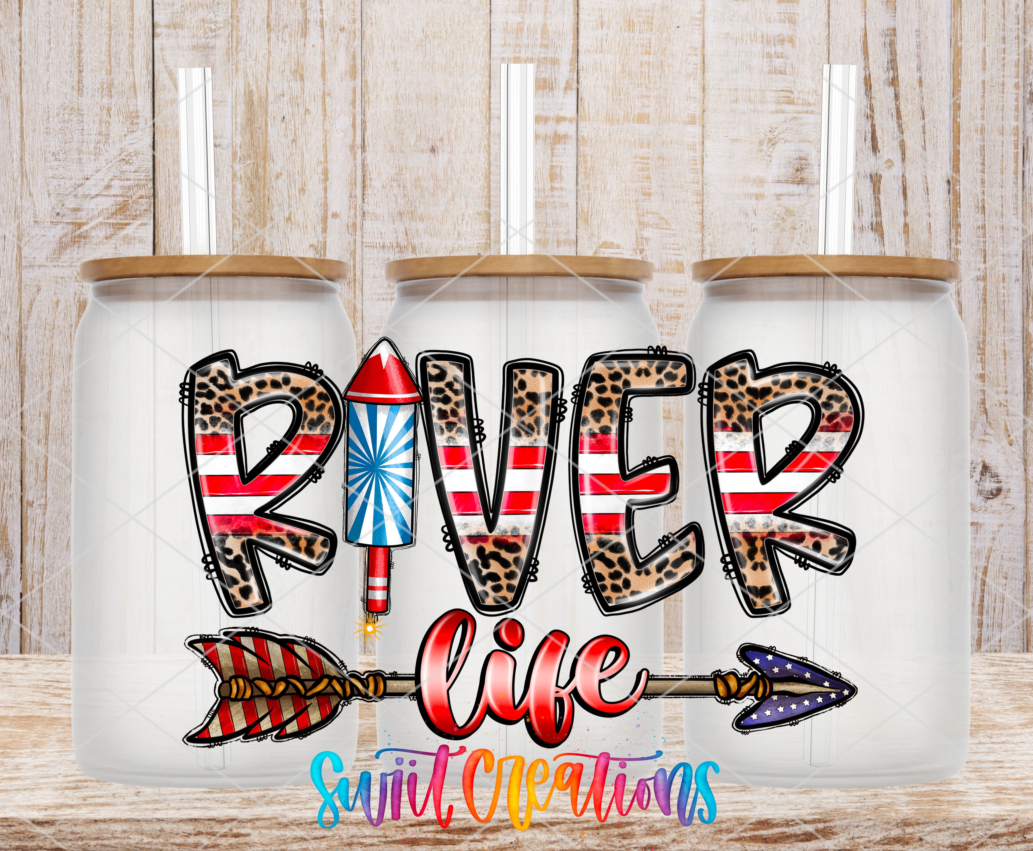 three white glass tumblers with the word "RIVER" and an arrow design, along with a rocket ship and leopard print accents.