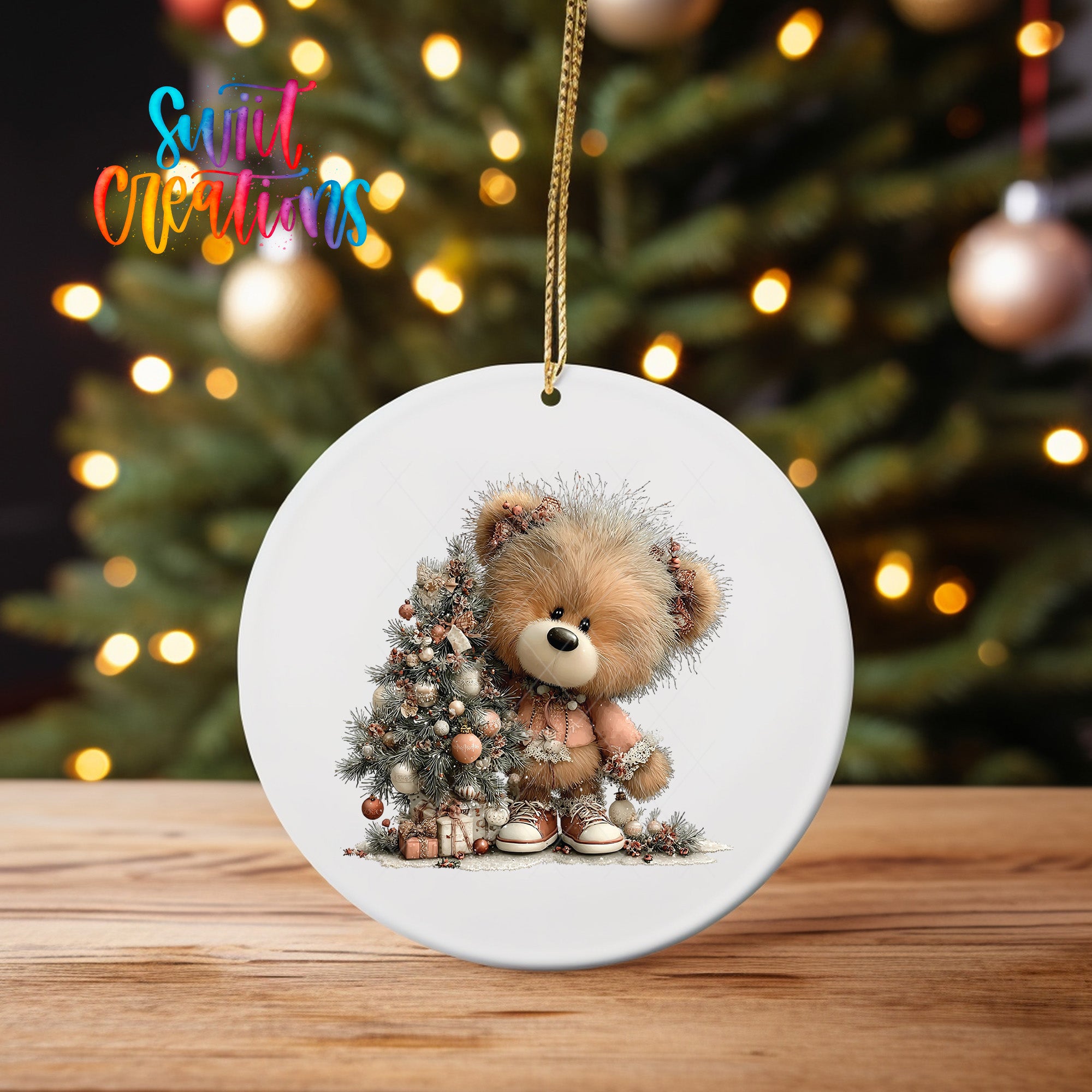 A white ceramic ornament featuring a teddy bear sitting on a Christmas tree, with ornaments and lights in the background.