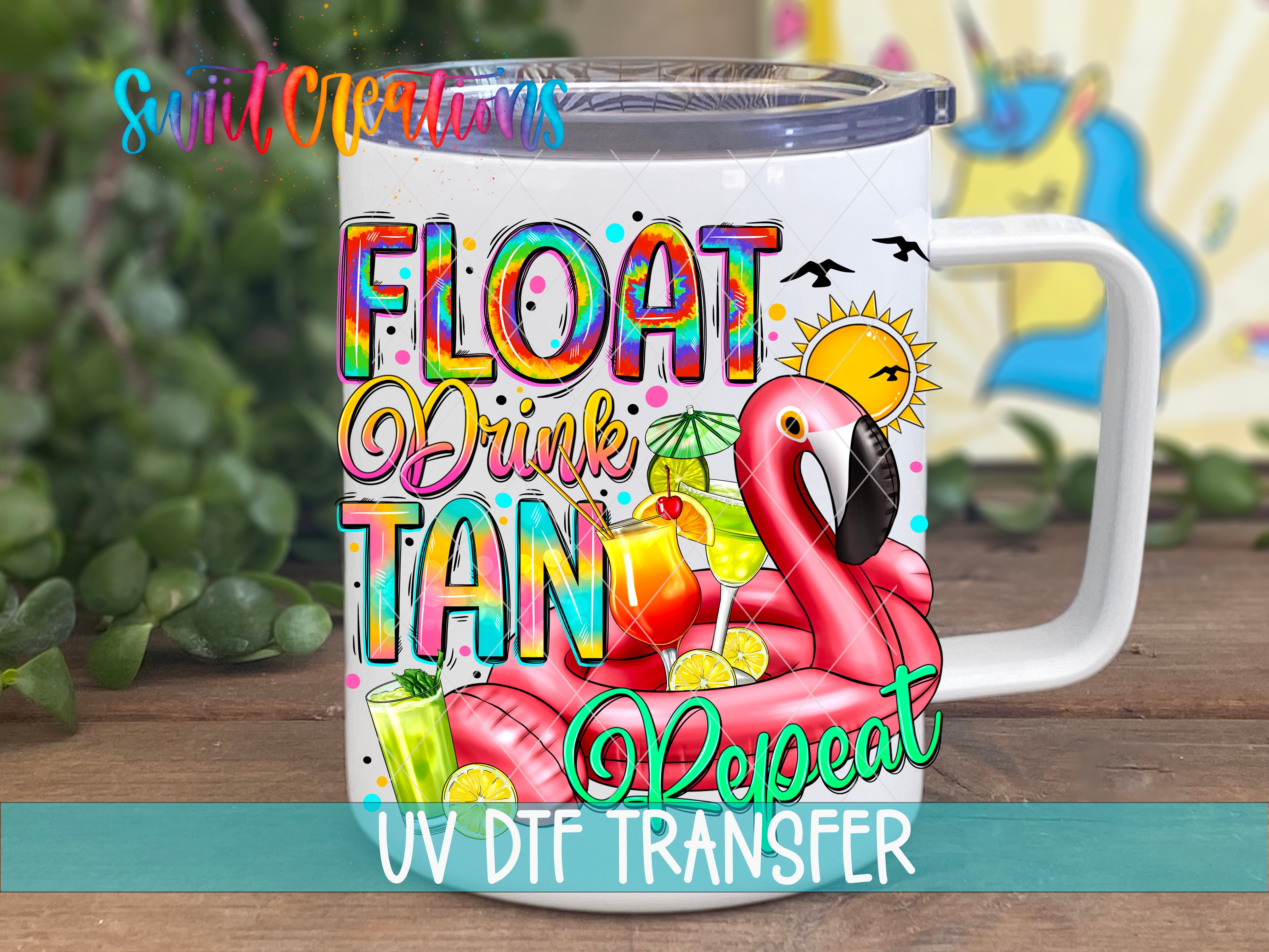 A colorful mug with a design featuring a pink flamingo, a sun, and various tropical elements, along with the text "FLOAT DRINK TAN Repeats".
