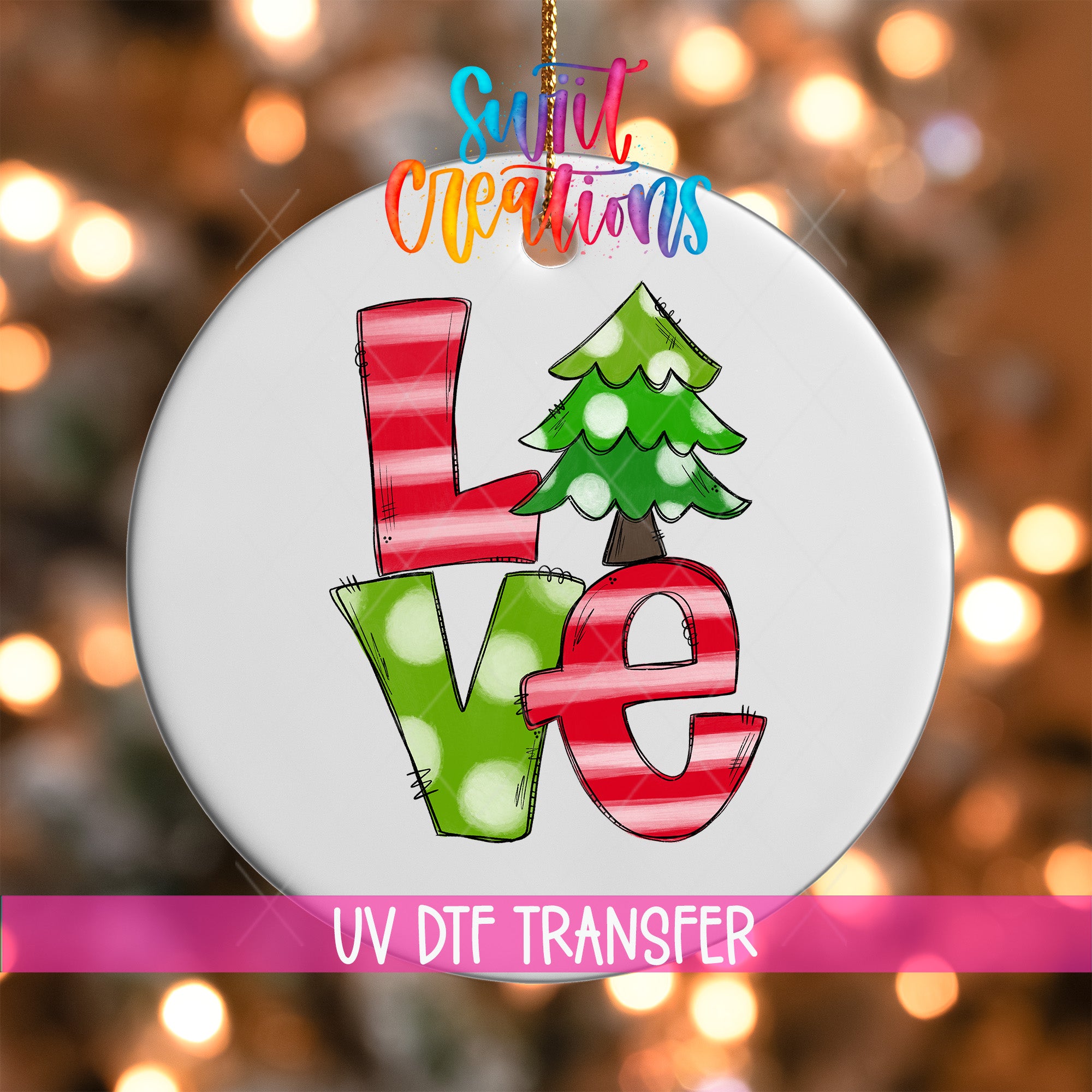 A white ornament with the word "Love" written on it, featuring a Christmas tree design.