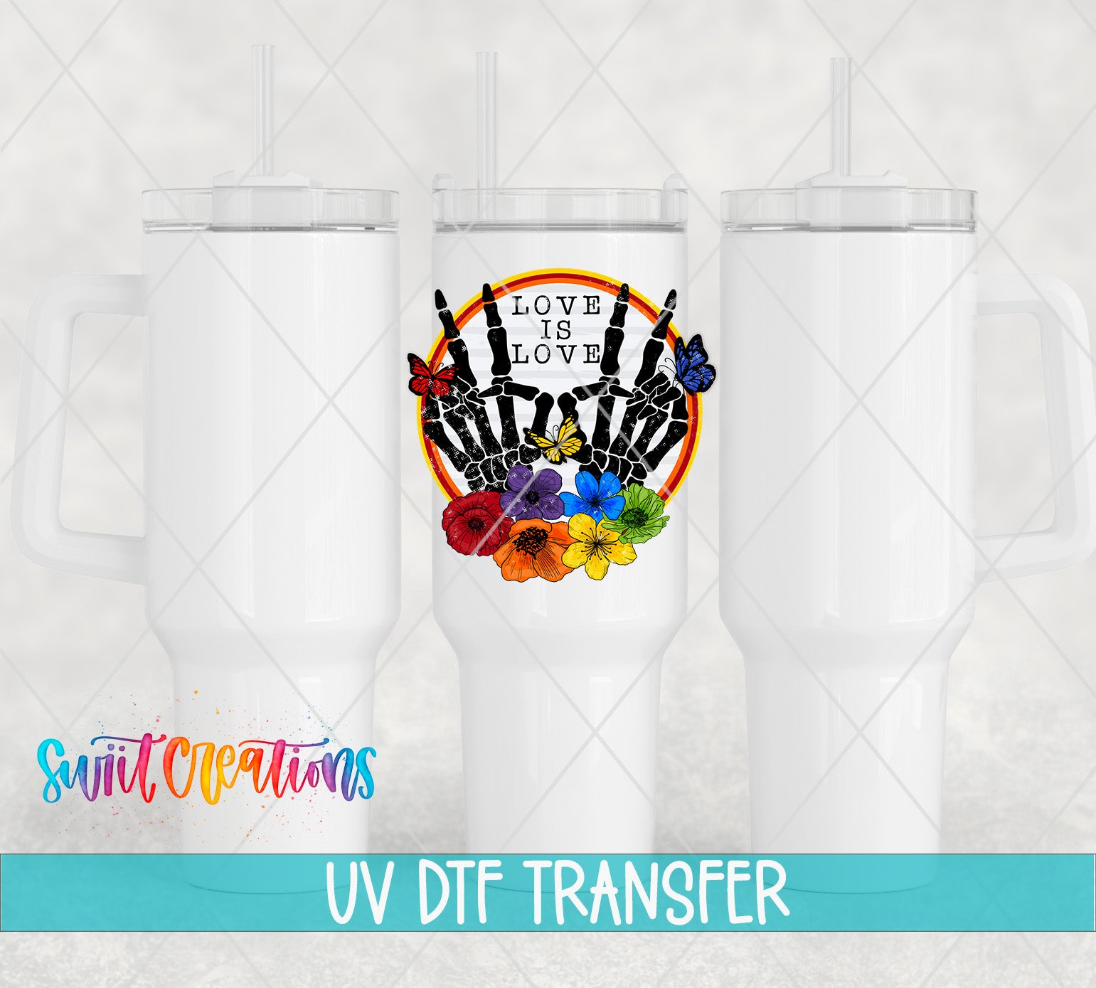 three white tumblers with a colorful graphic design on the center of each one, including a floral and butterfly motif.
