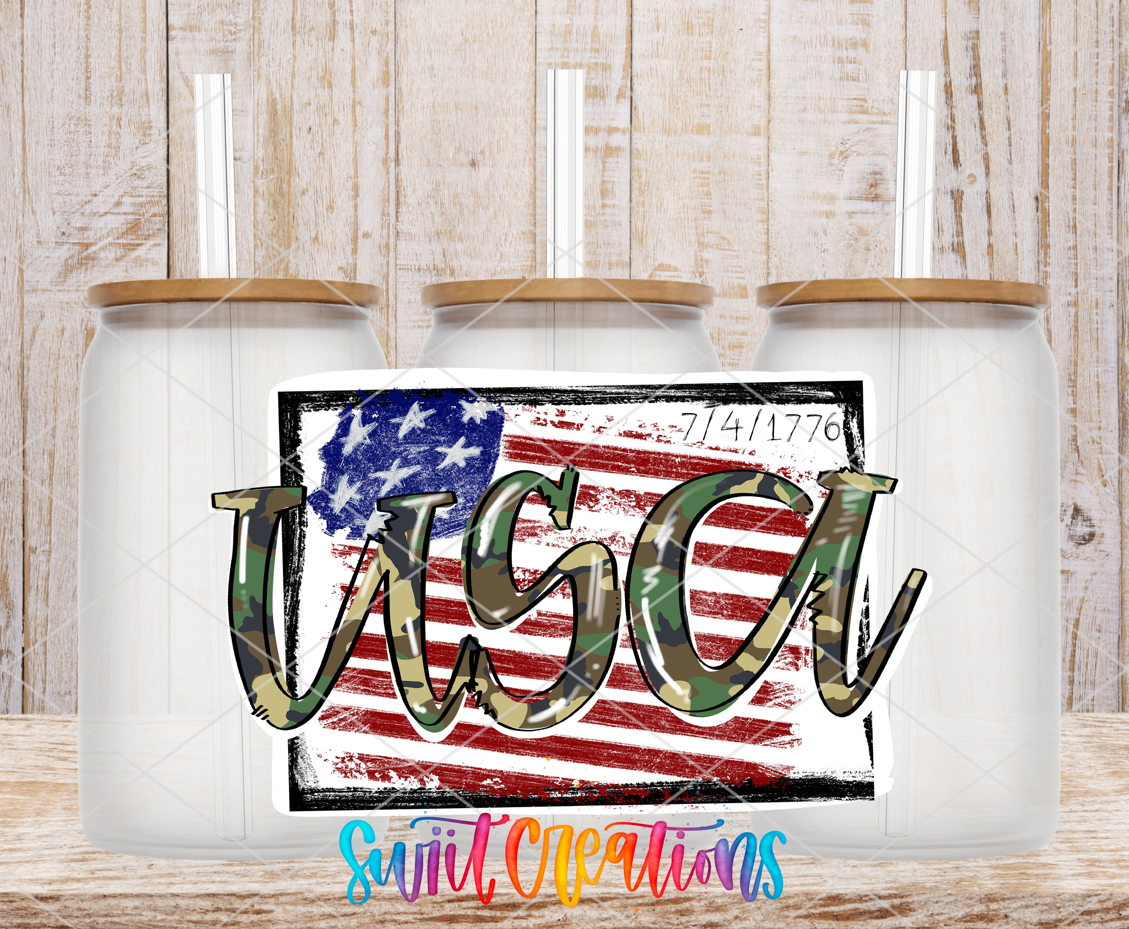 a stylized representation of the word "USA" with a camouflage pattern, set against an American flag backdrop.