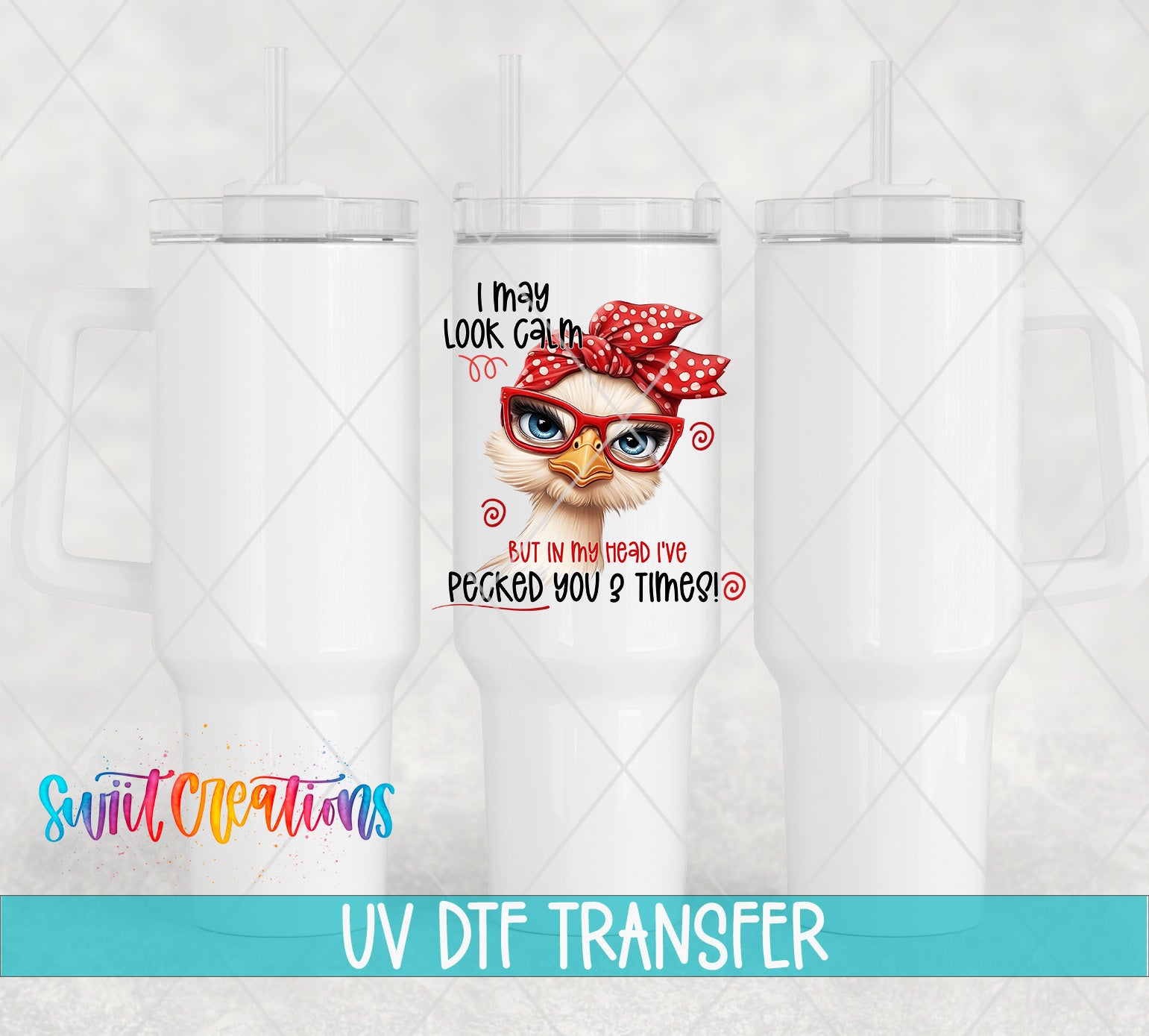 a white ceramic mug with a printed design on it, including a cartoon chicken wearing glasses and a red bow. The mug is placed against a light background, and there is text at the bottom of the image that reads "UV DFT TRANSFER".